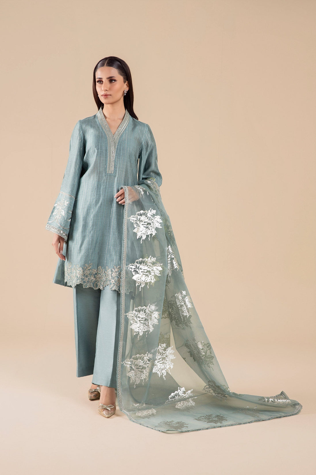 Maria B | Basics RTW | 3 Pc Embroidered Two Tone Lurex Silk Suit | MB-FS25-28 - House Of Hania