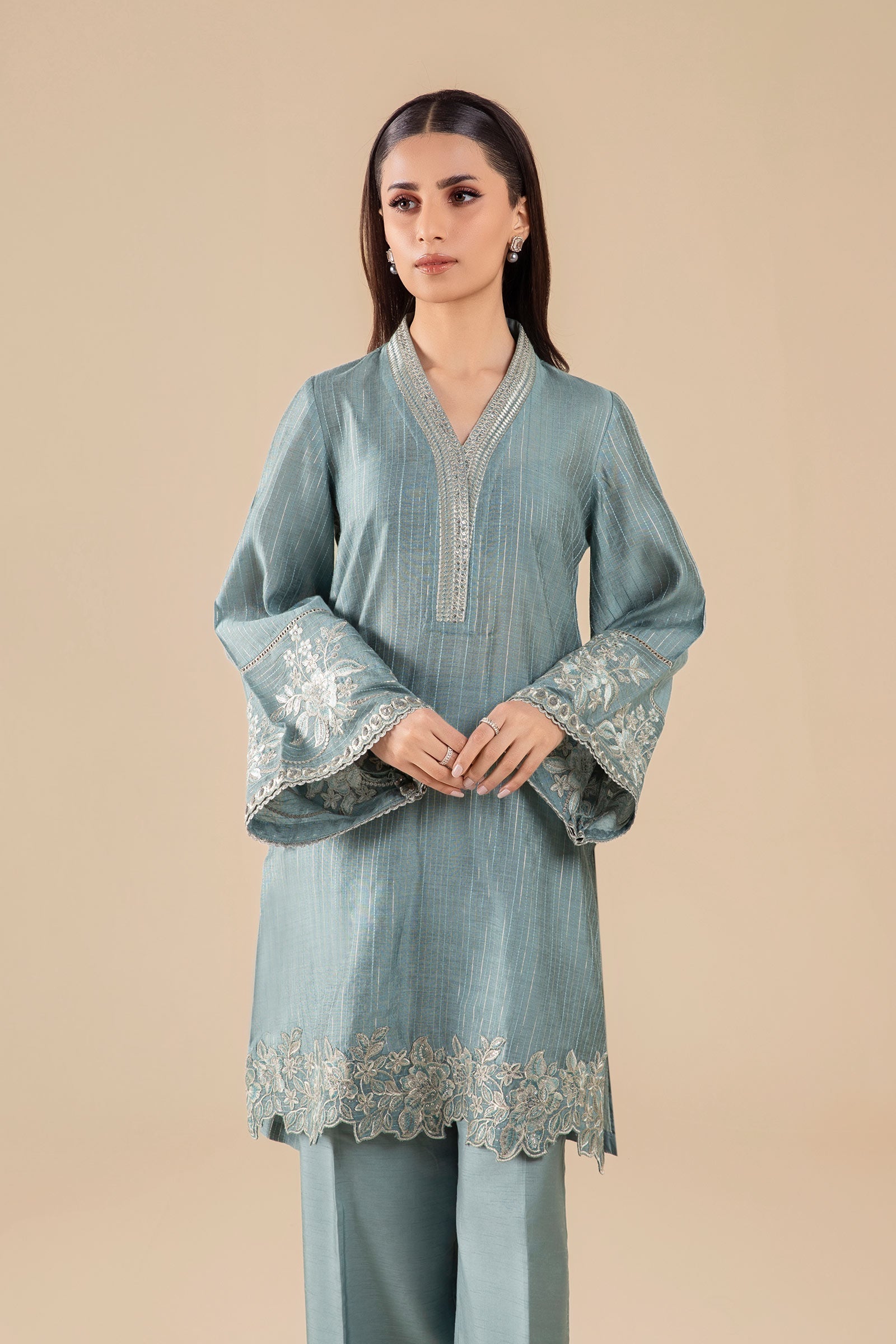 Maria B | Basics RTW | 3 Pc Embroidered Two Tone Lurex Silk Suit | MB-FS25-28 - House Of Hania