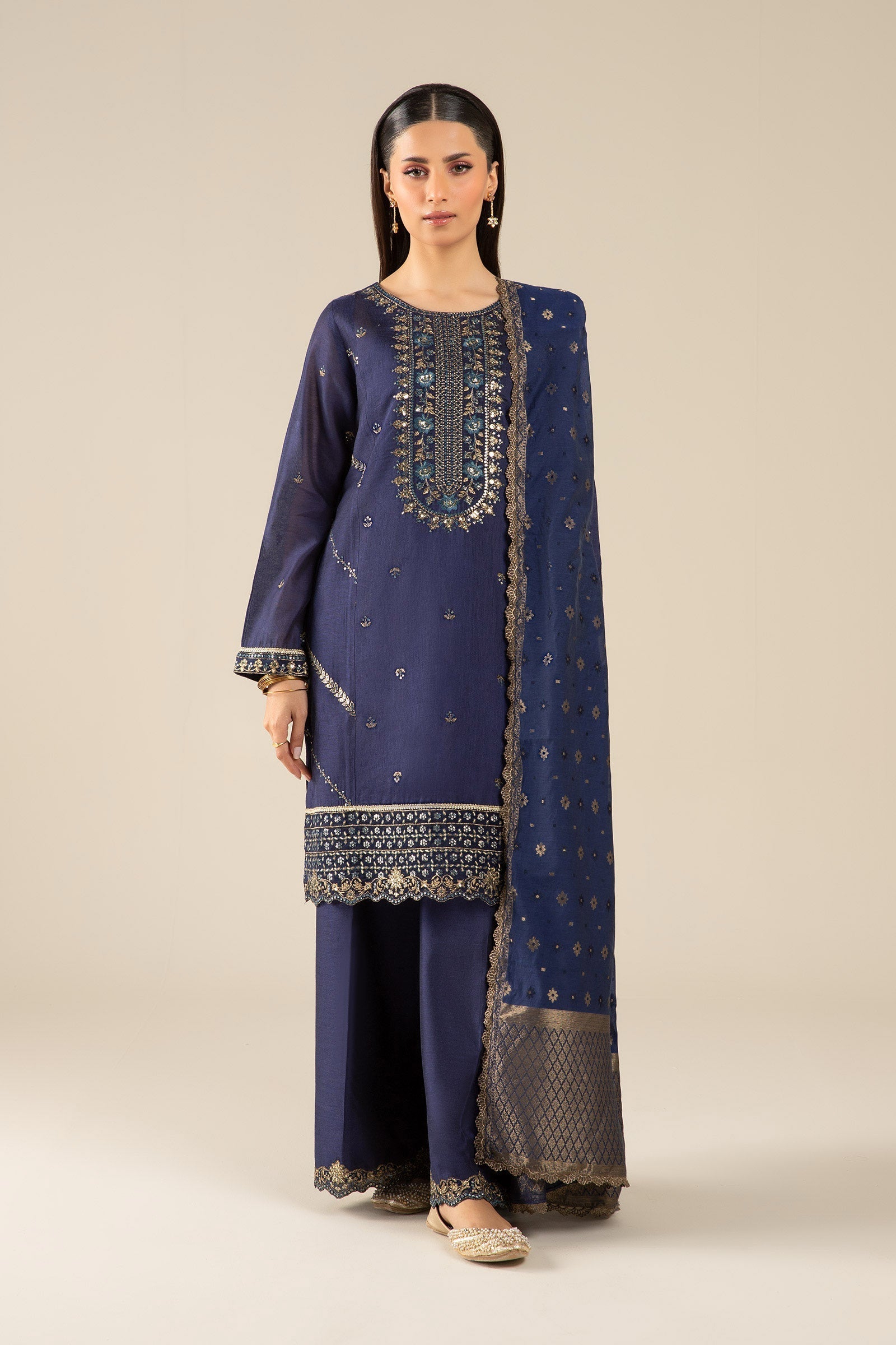 Maria B | Basics RTW | 3 Pc Embroidered Two Tone Silk Suit | MB-FS25-30 - House Of Hania