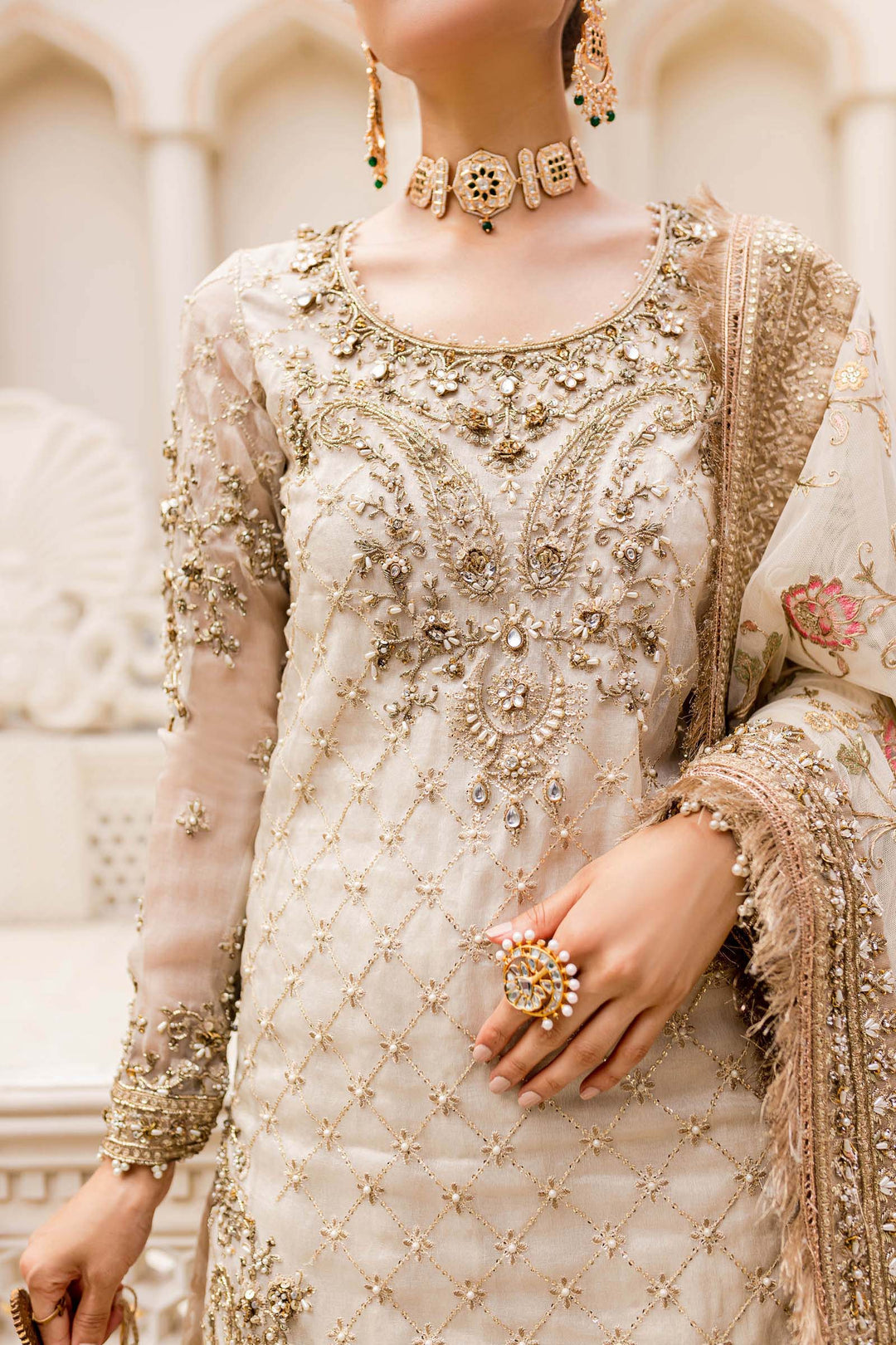 Maria B | Bridal Couture | Ivory Gold MC-906 - House Of Hania