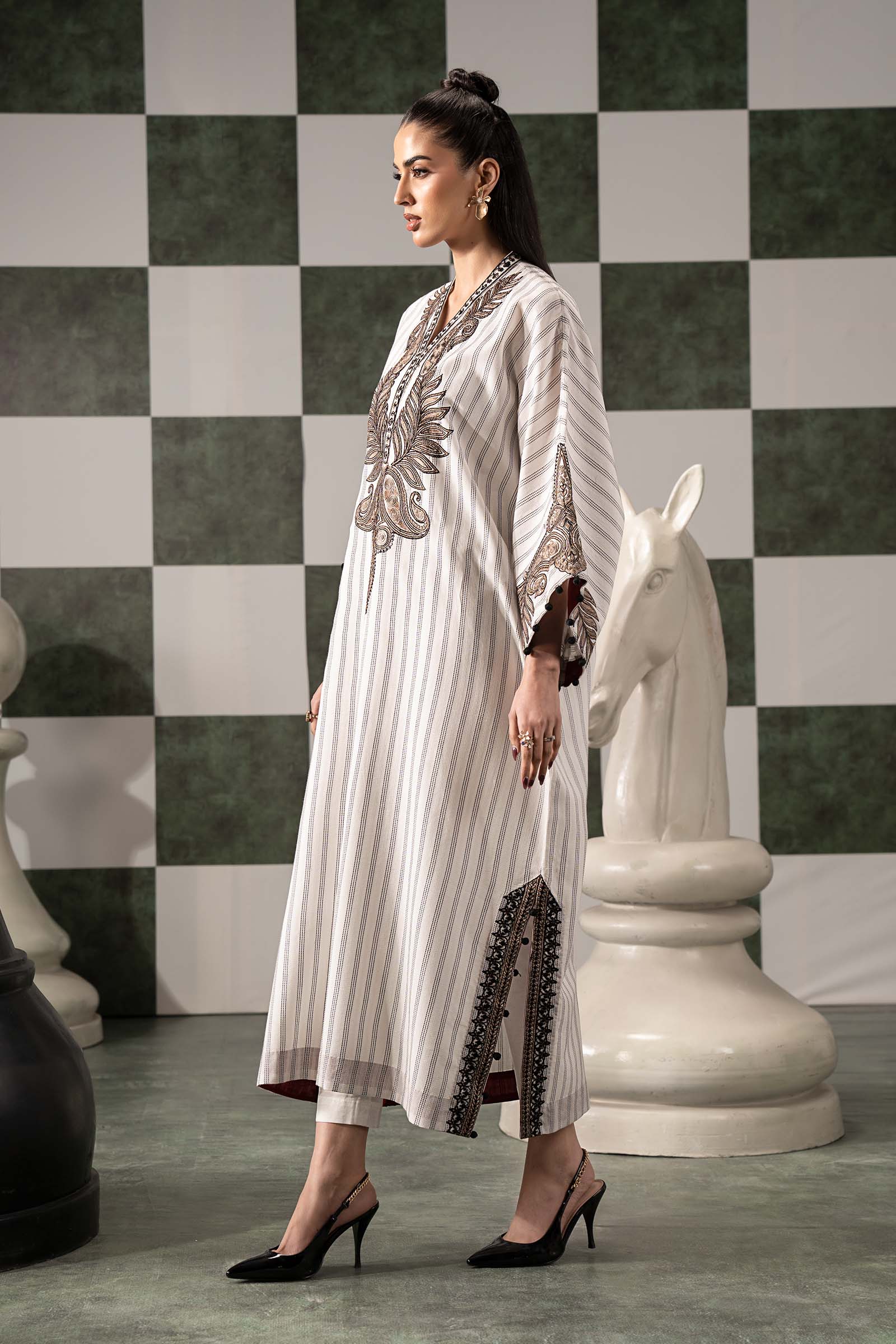 Maria B | Eid Collection 26 | 2 Piece Embroidered Striped Cotton Suit - House Of Hania