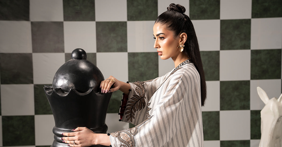 Maria B | Eid Collection 26 | 2 Piece Embroidered Striped Cotton Suit - House Of Hania