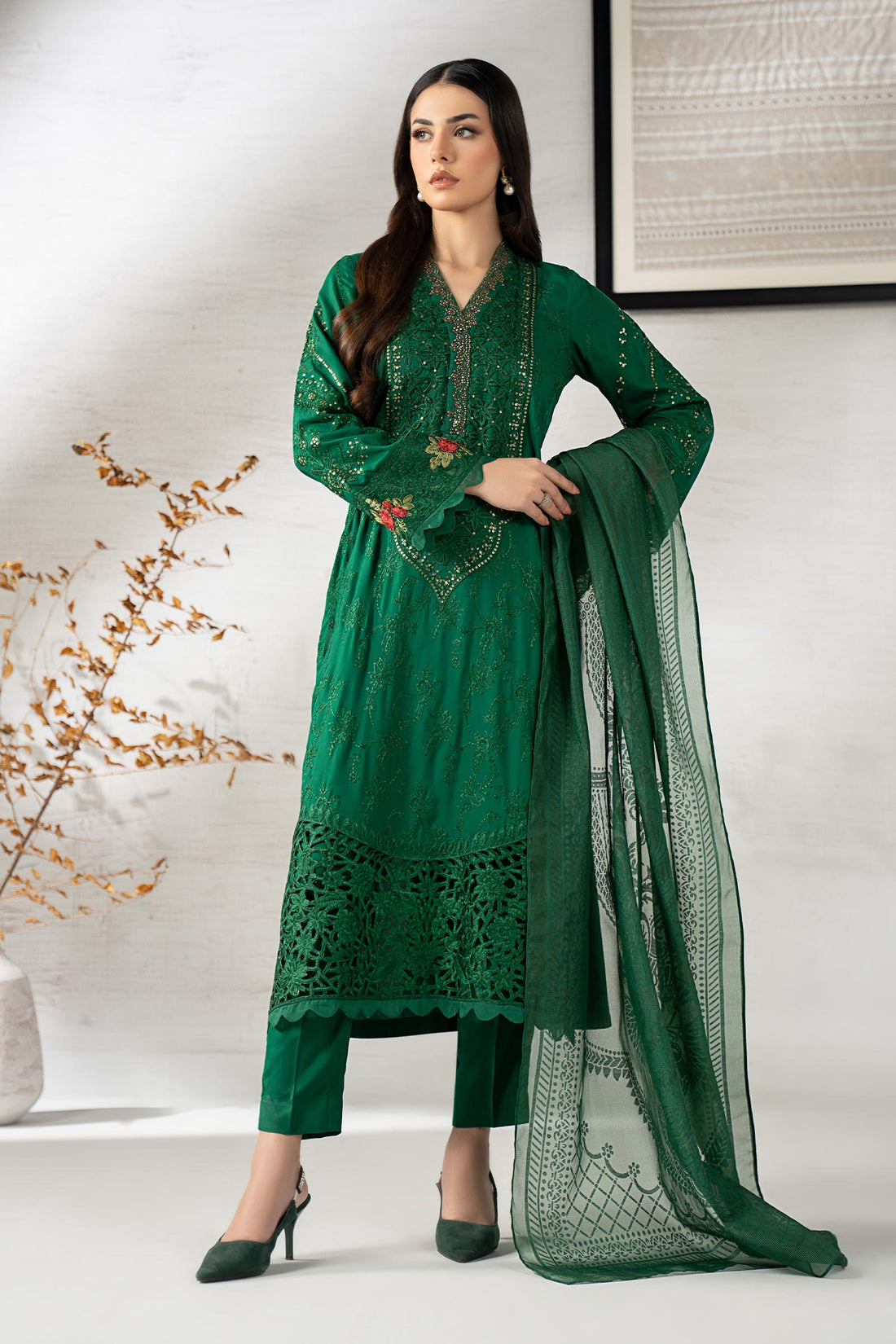 Maria B | Eid Collection 26 | 3 Piece Embroidered Linen Suit - House Of Hania