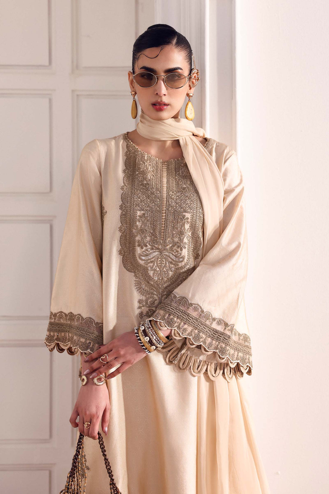 Maria B | Eid Collection 26 | 3 Piece Embroidered Self Tassel Silk Suit - House Of Hania