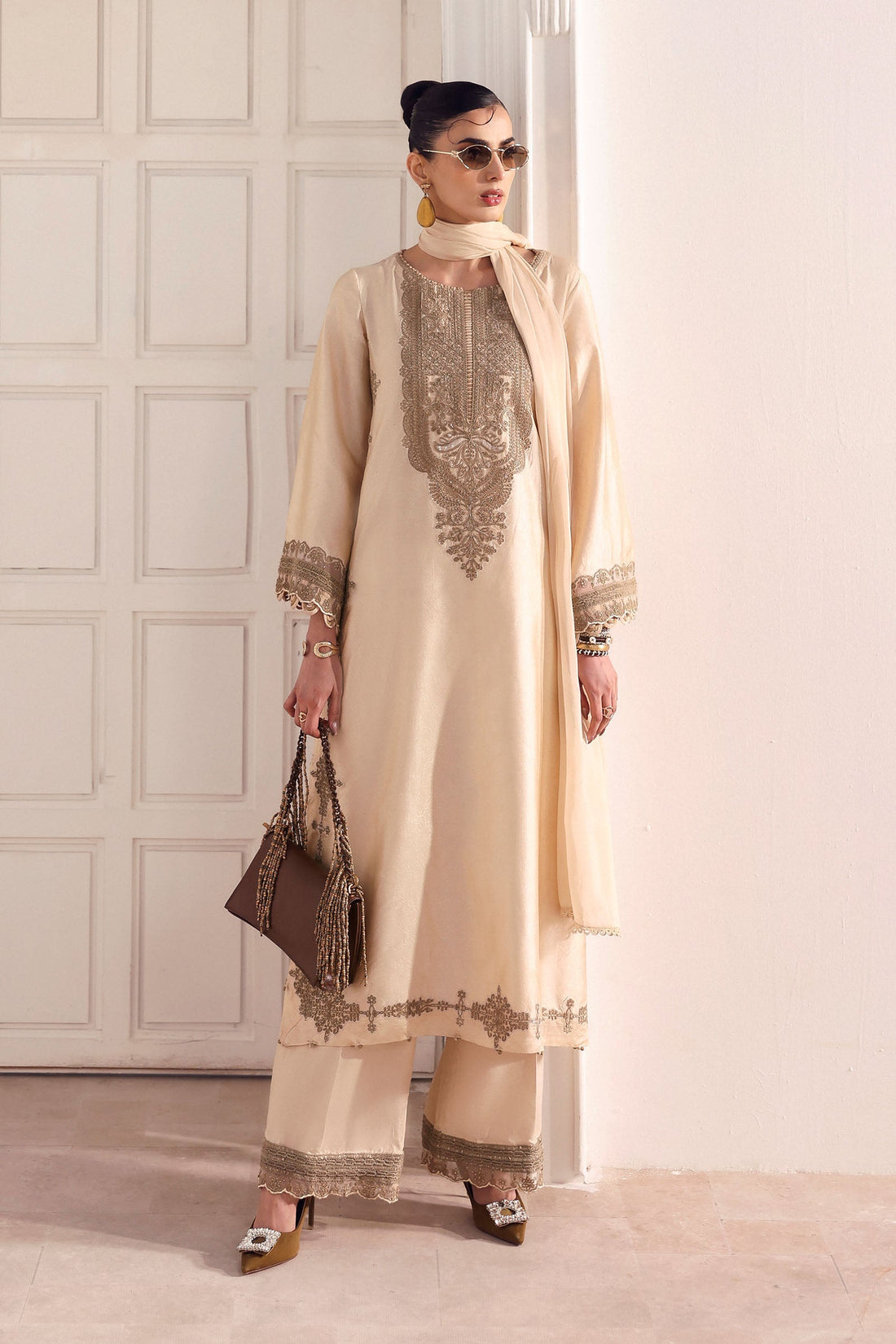Maria B | Eid Collection 26 | 3 Piece Embroidered Self Tassel Silk Suit - House Of Hania