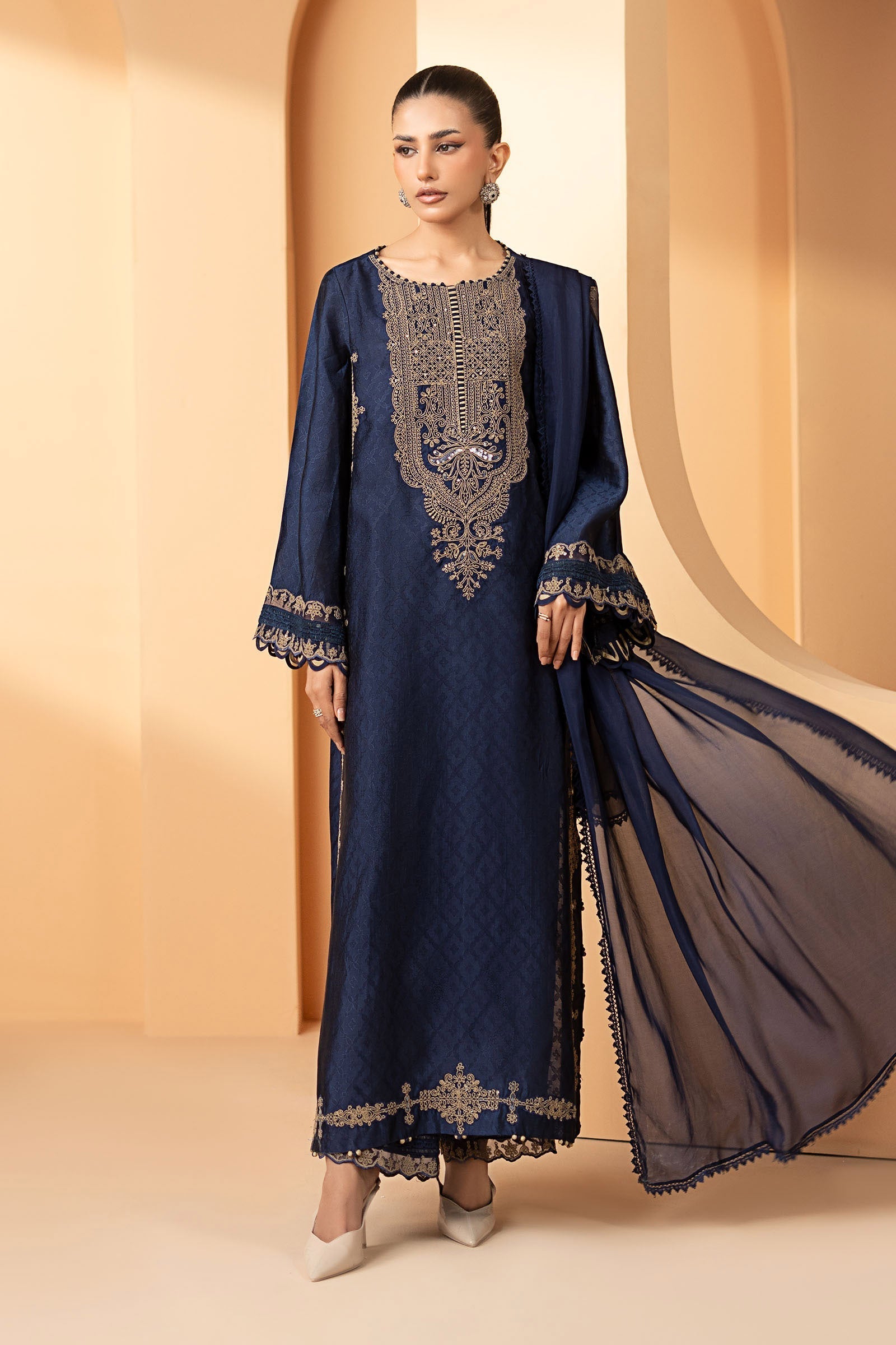 Maria B | Eid Collection 26 | 3 Piece Embroidered Self Tassel Silk Suit - House Of Hania