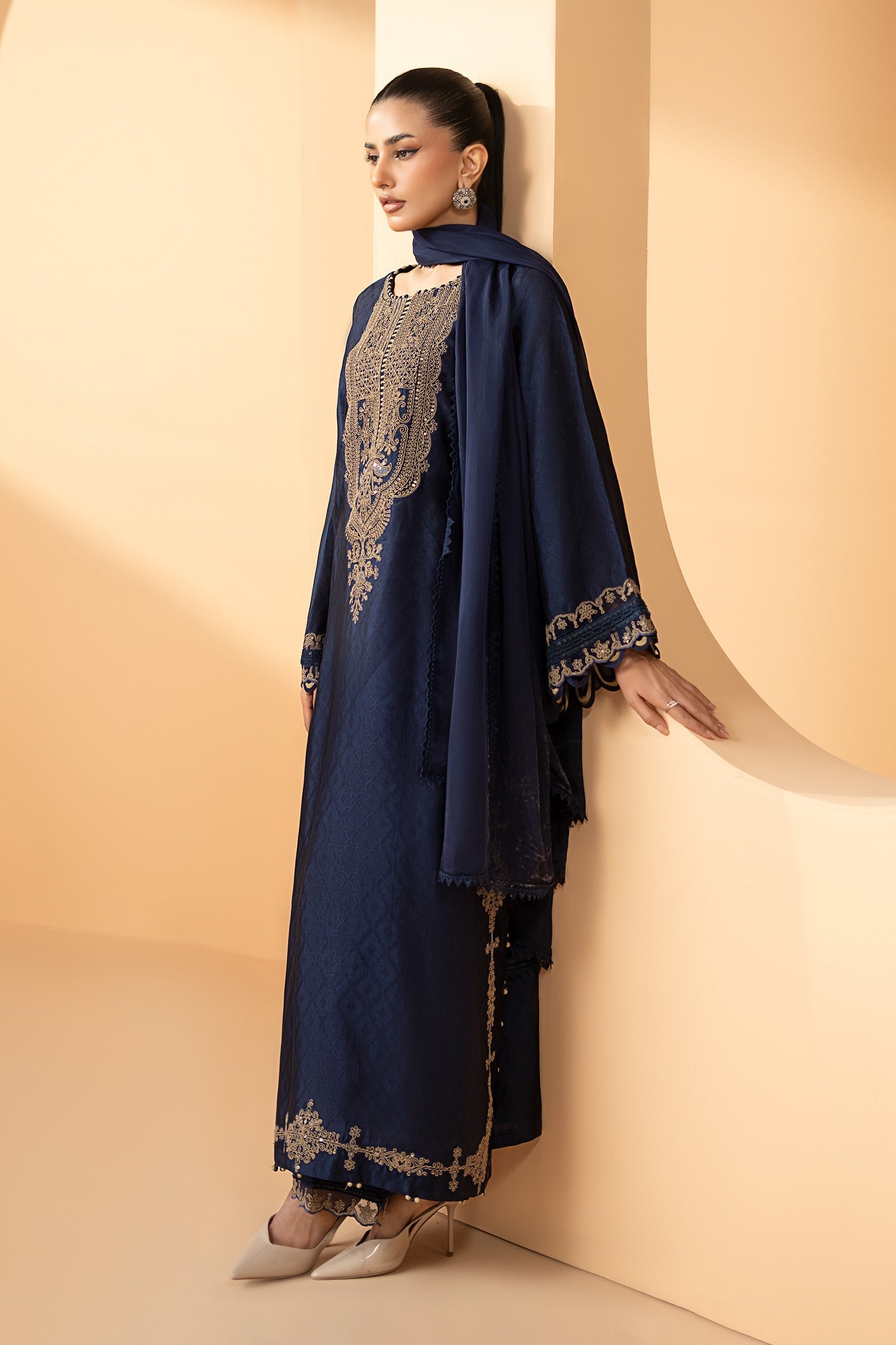 Maria B | Eid Collection 26 | 3 Piece Embroidered Self Tassel Silk Suit - House Of Hania
