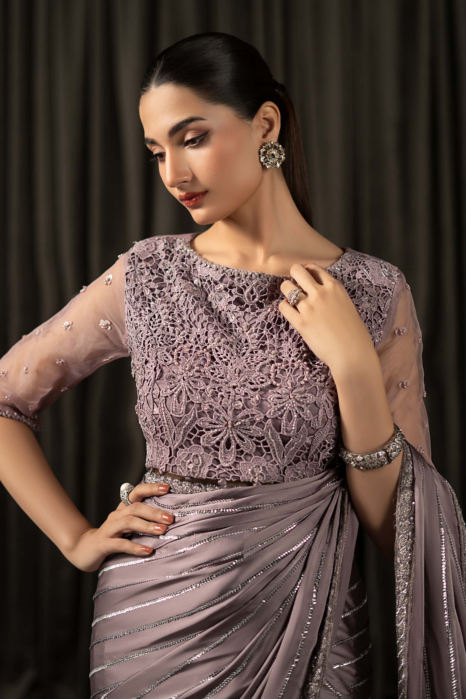 Maria B | Eid Collection 26 | Embroidered Charmeuse Silk Saree - House Of Hania