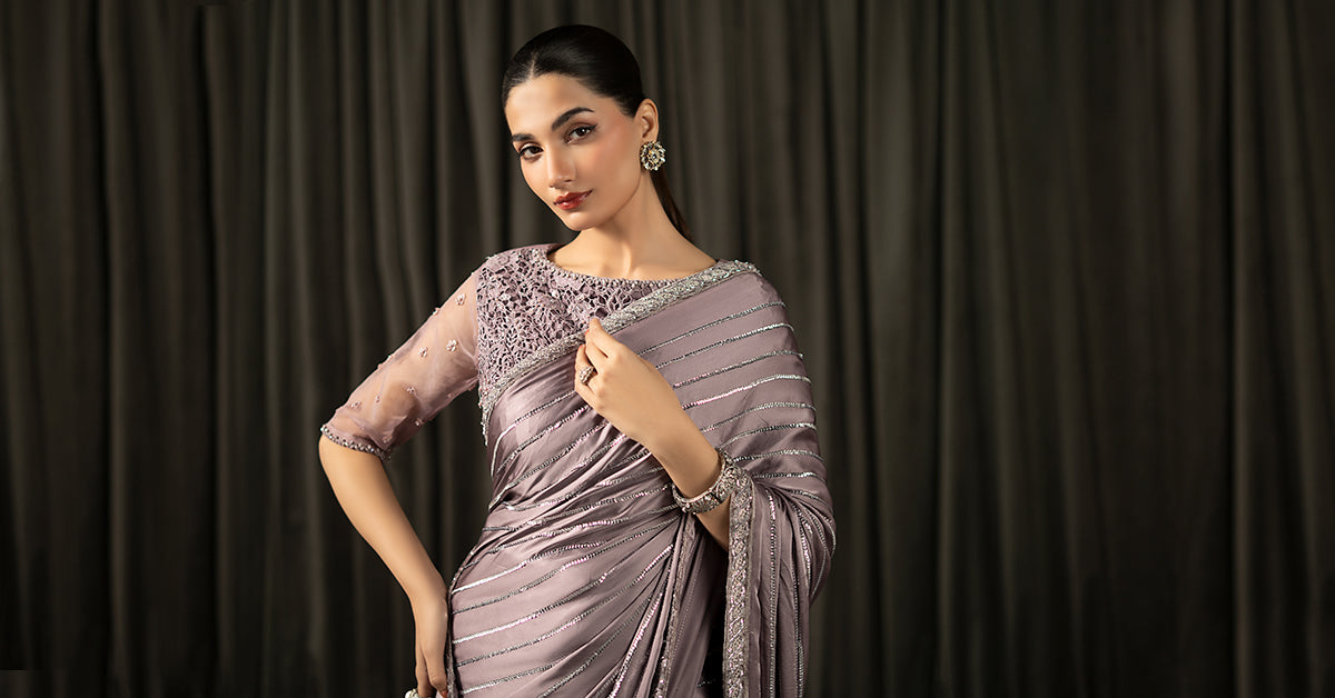 Maria B | Eid Collection 26 | Embroidered Charmeuse Silk Saree - House Of Hania