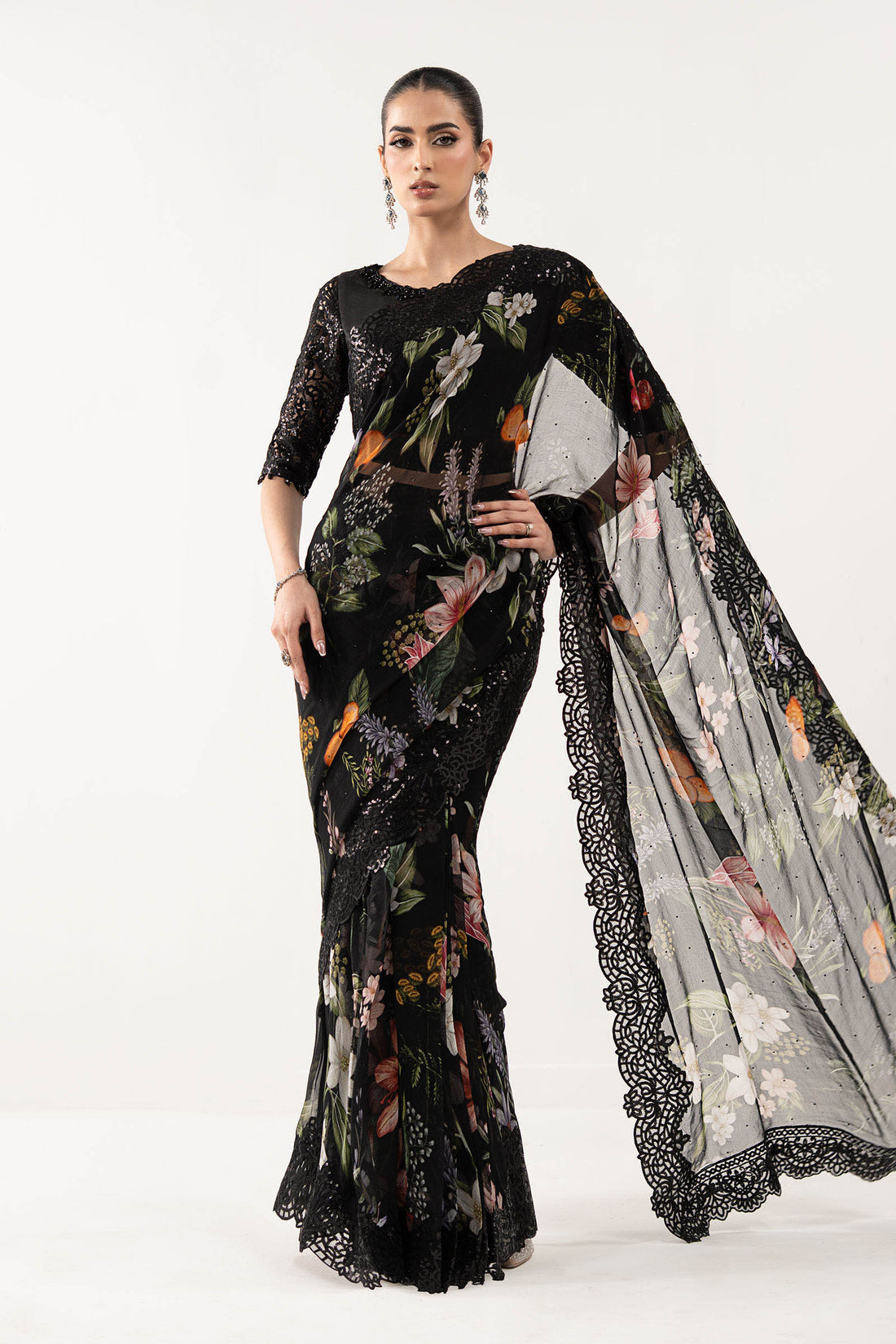 Maria B | Eid Collection 26 | Embroidered Chiffon Saree - House Of Hania