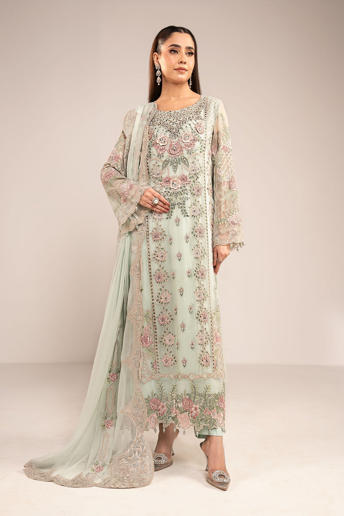 Maria B | Eid Collection Formals 26 | 3 Piece Embroidered Chiffon Suit - House Of Hania