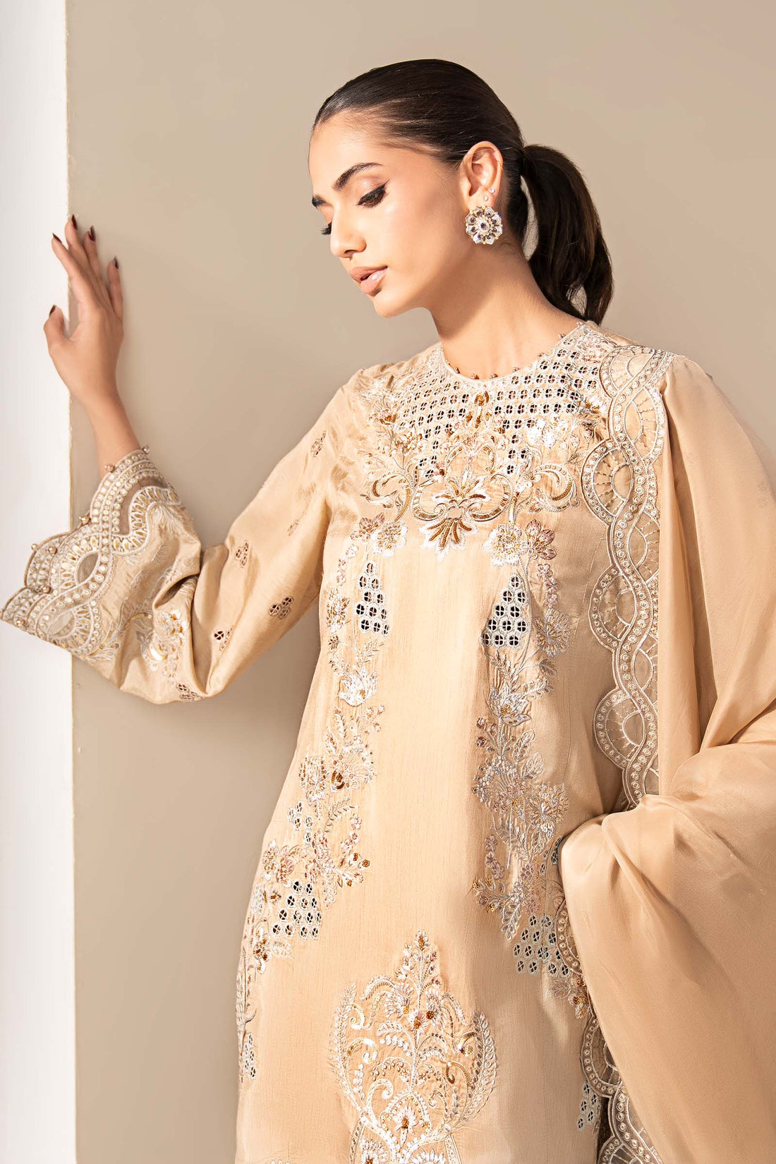 Maria B | Eid Collection Formals 26 | 3 Piece Embroidered Raw Silk Suit - House Of Hania