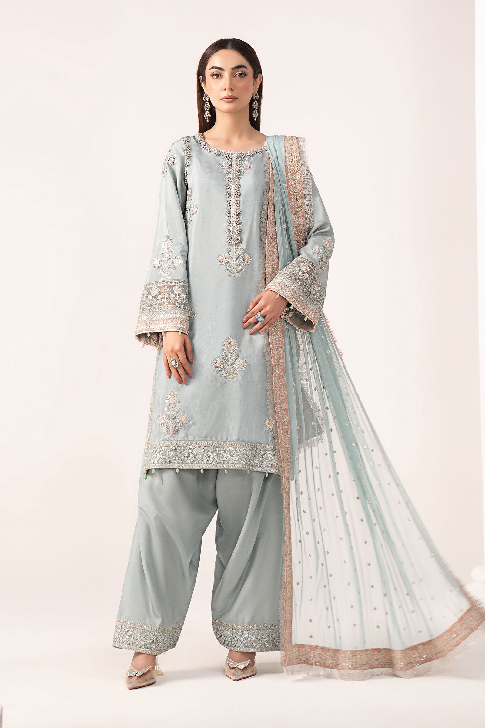 Maria B | Eid Collection Formals 26 | 3 Piece Embroidered Raw Silk Suit - House Of Hania
