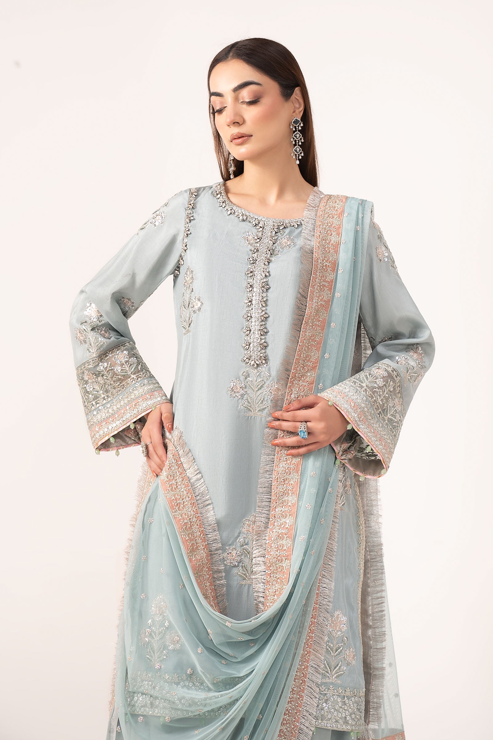 Maria B | Eid Collection Formals 26 | 3 Piece Embroidered Raw Silk Suit - House Of Hania