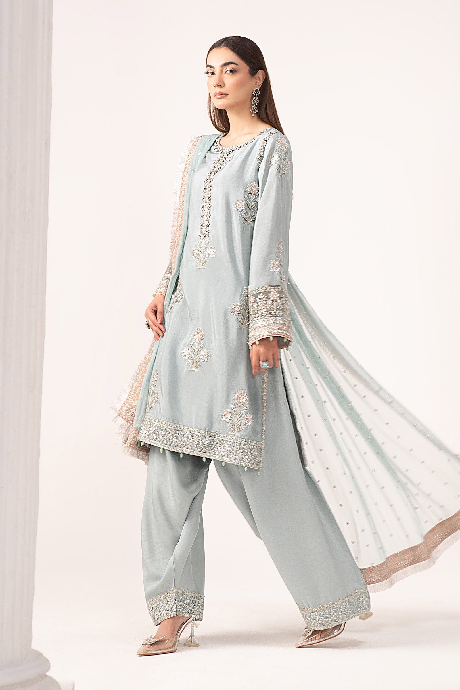 Maria B | Eid Collection Formals 26 | 3 Piece Embroidered Raw Silk Suit - House Of Hania