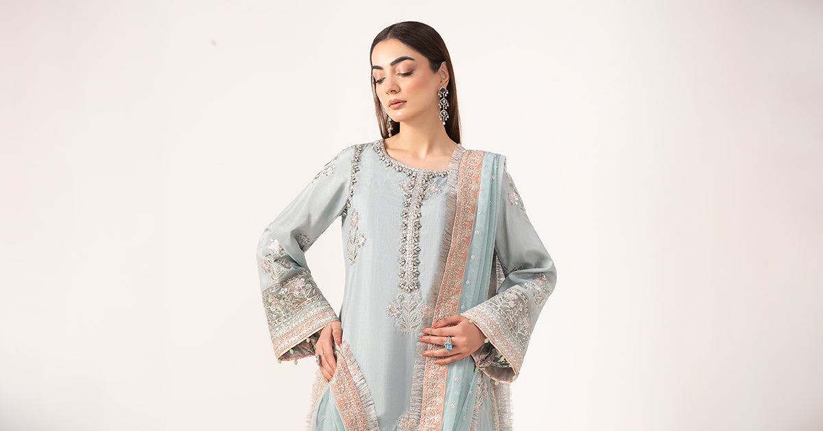 Maria B | Eid Collection Formals 26 | 3 Piece Embroidered Raw Silk Suit - House Of Hania