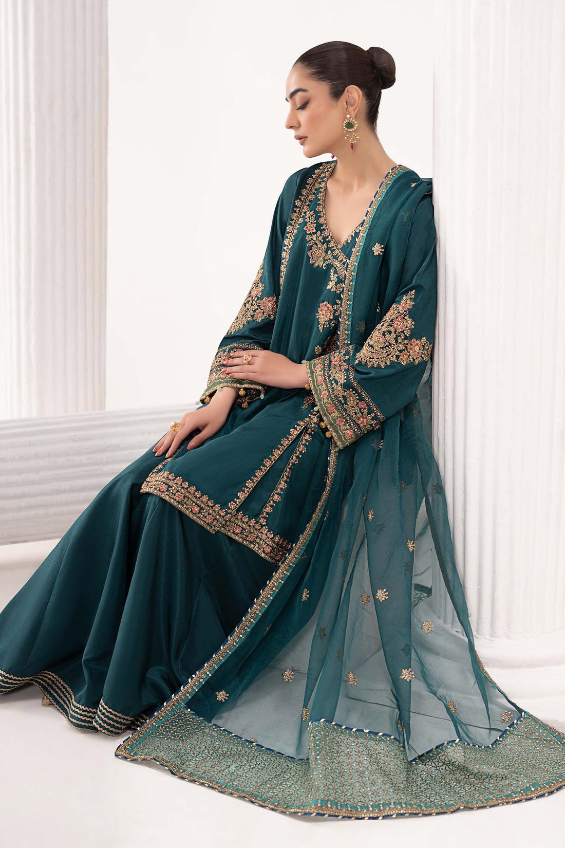 Maria B | Eid Collection Formals 26 | 3 Piece Embroidered Raw Silk Suit - House Of Hania