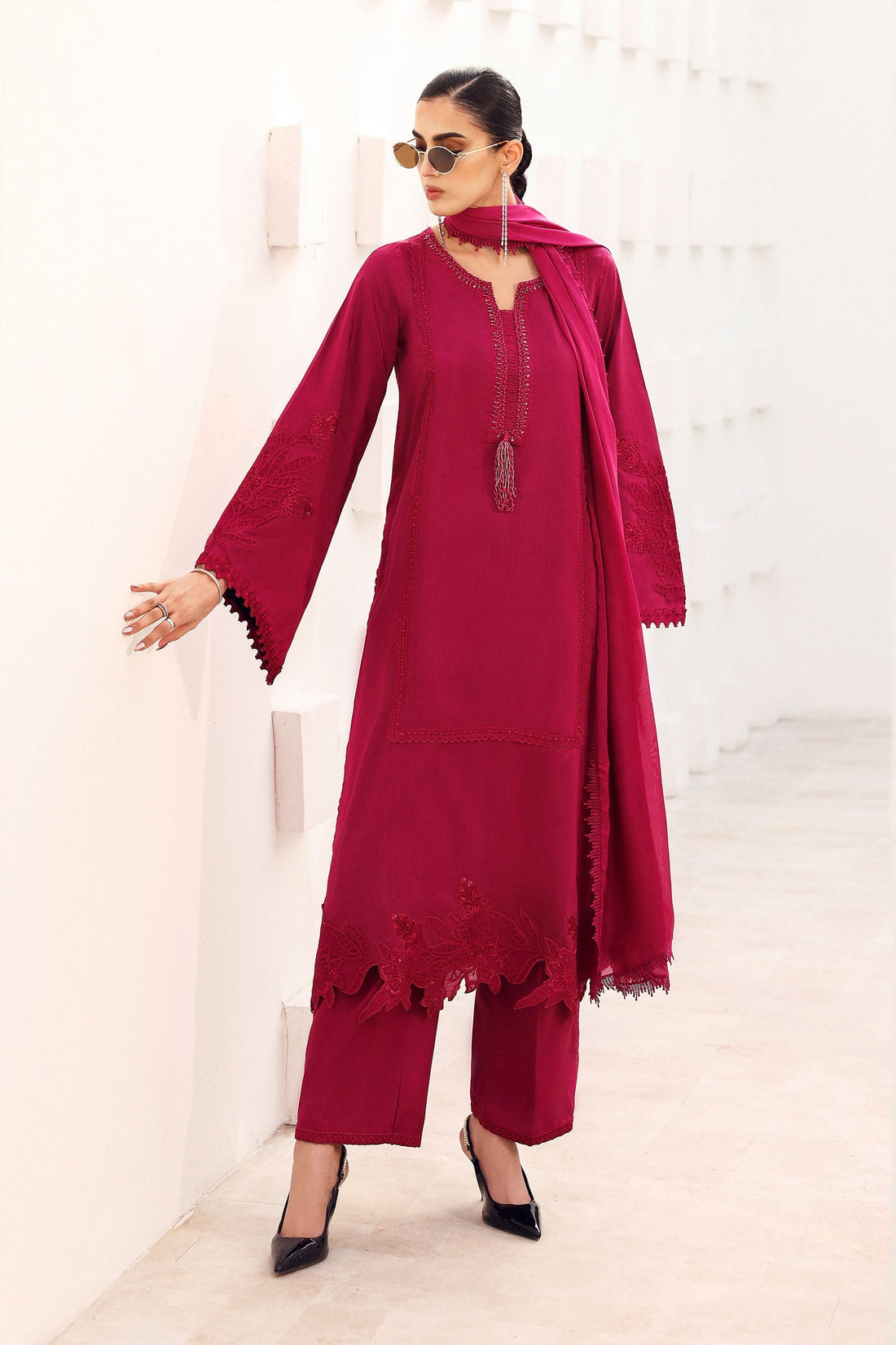 Maria B | Eid Collection Formals 26 | 3 Piece Embroidered Tassel Silk Suit - House Of Hania