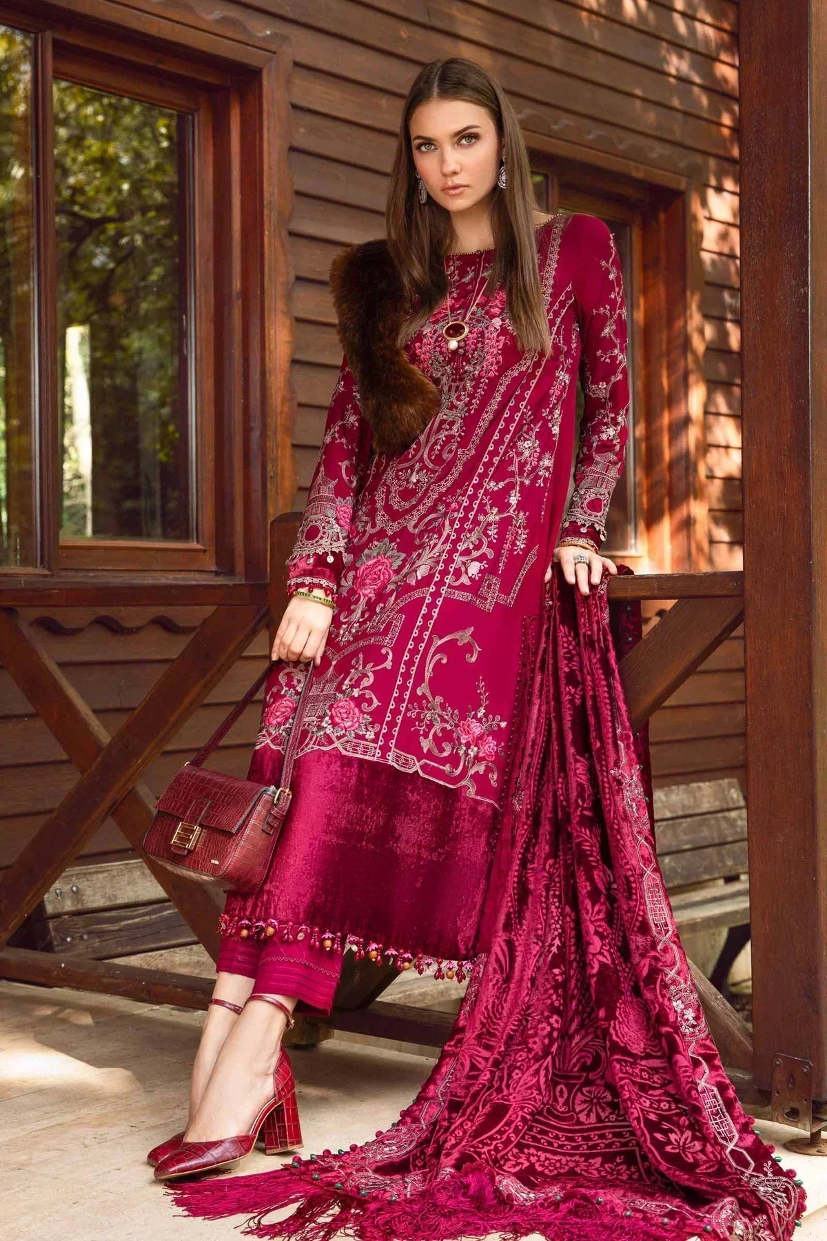 Maria B | Linen 23 | Deep Pink DL-1112 - House Of Hania