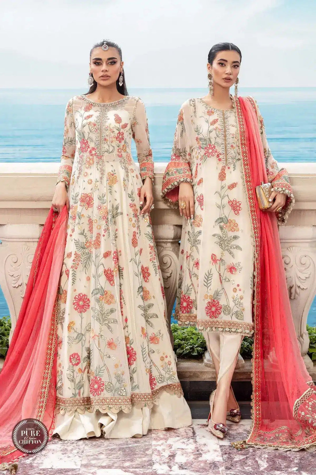 Maria B | Luxury Chiffon Collection | Cloud White Floral - House Of Hania