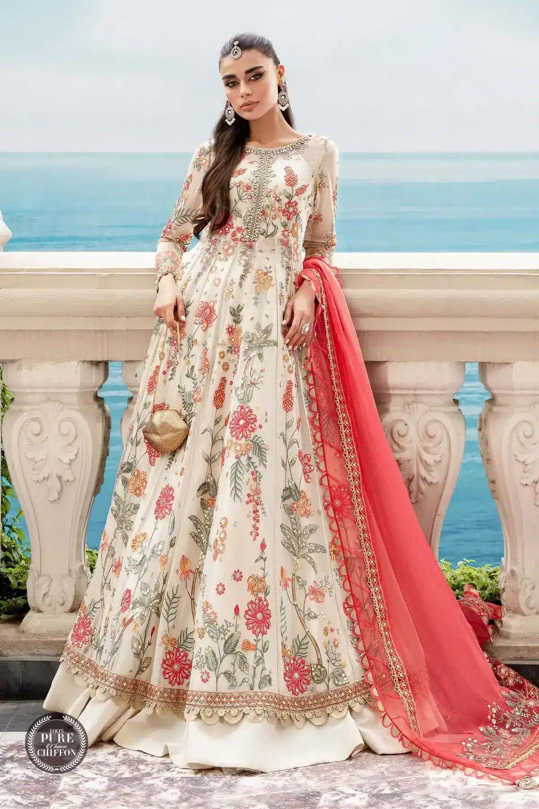 Maria B | Luxury Chiffon Collection | Cloud White Floral - House Of Hania