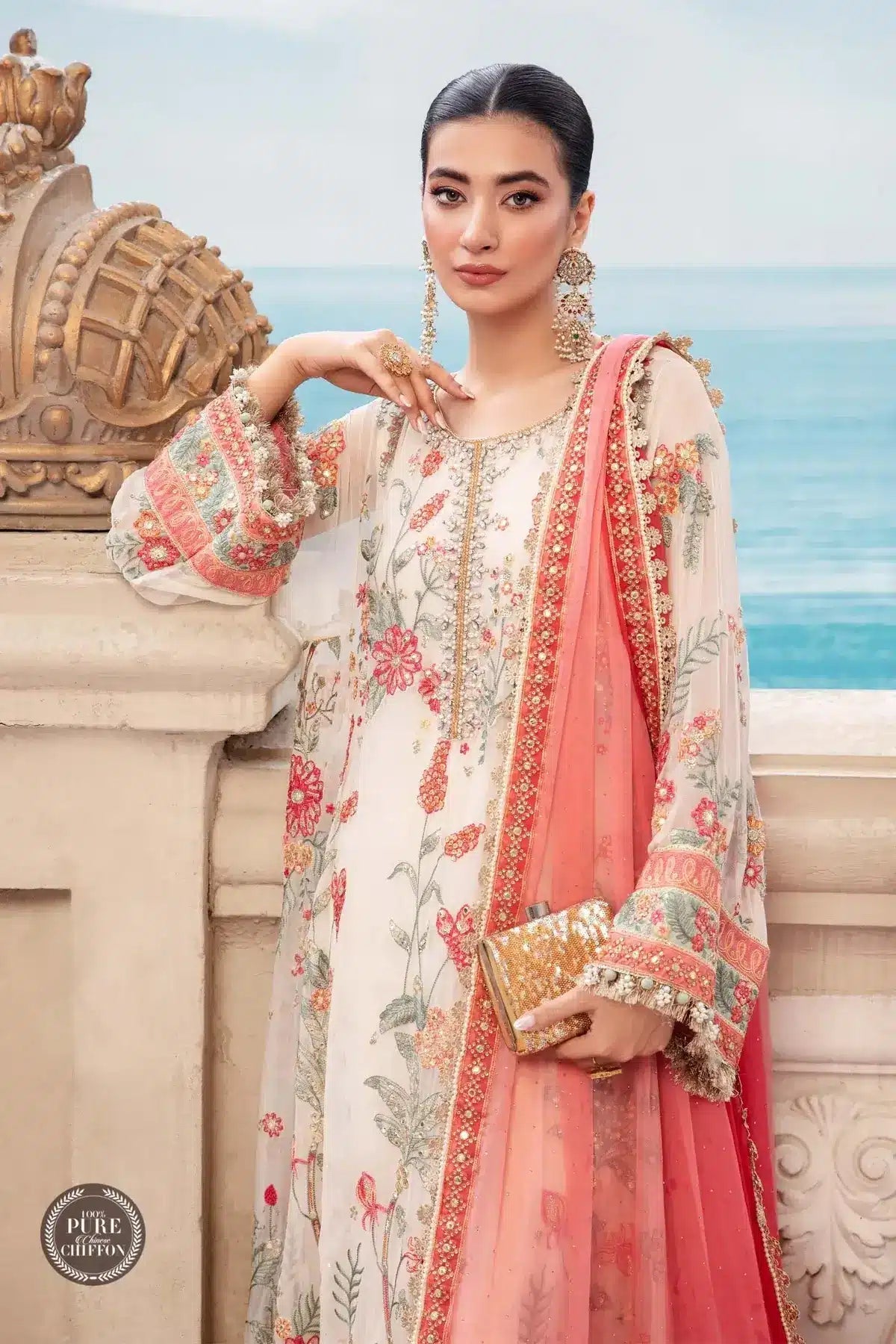 Maria B | Luxury Chiffon Collection | Cloud White Floral - House Of Hania