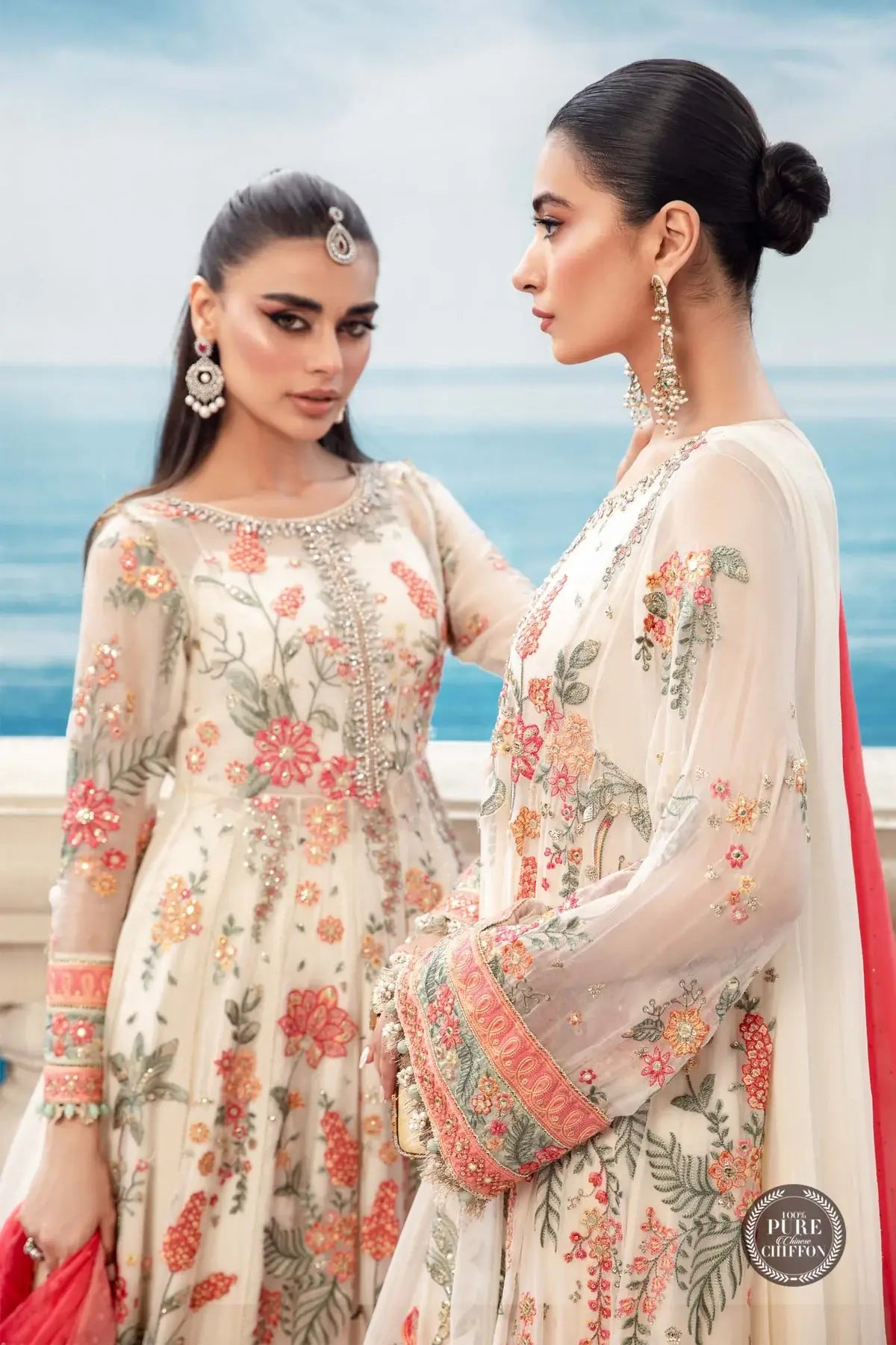 Maria B | Luxury Chiffon Collection | Cloud White Floral - House Of Hania