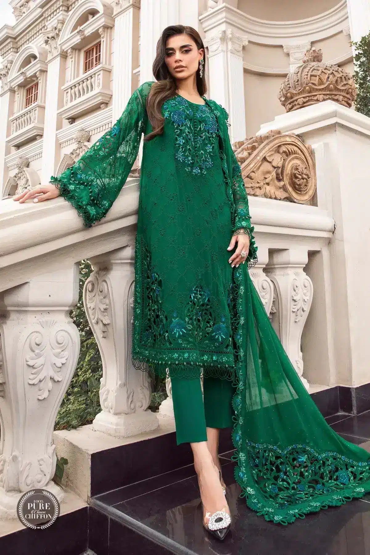 Maria B | Luxury Chiffon Collection | Emerald Green - House Of Hania