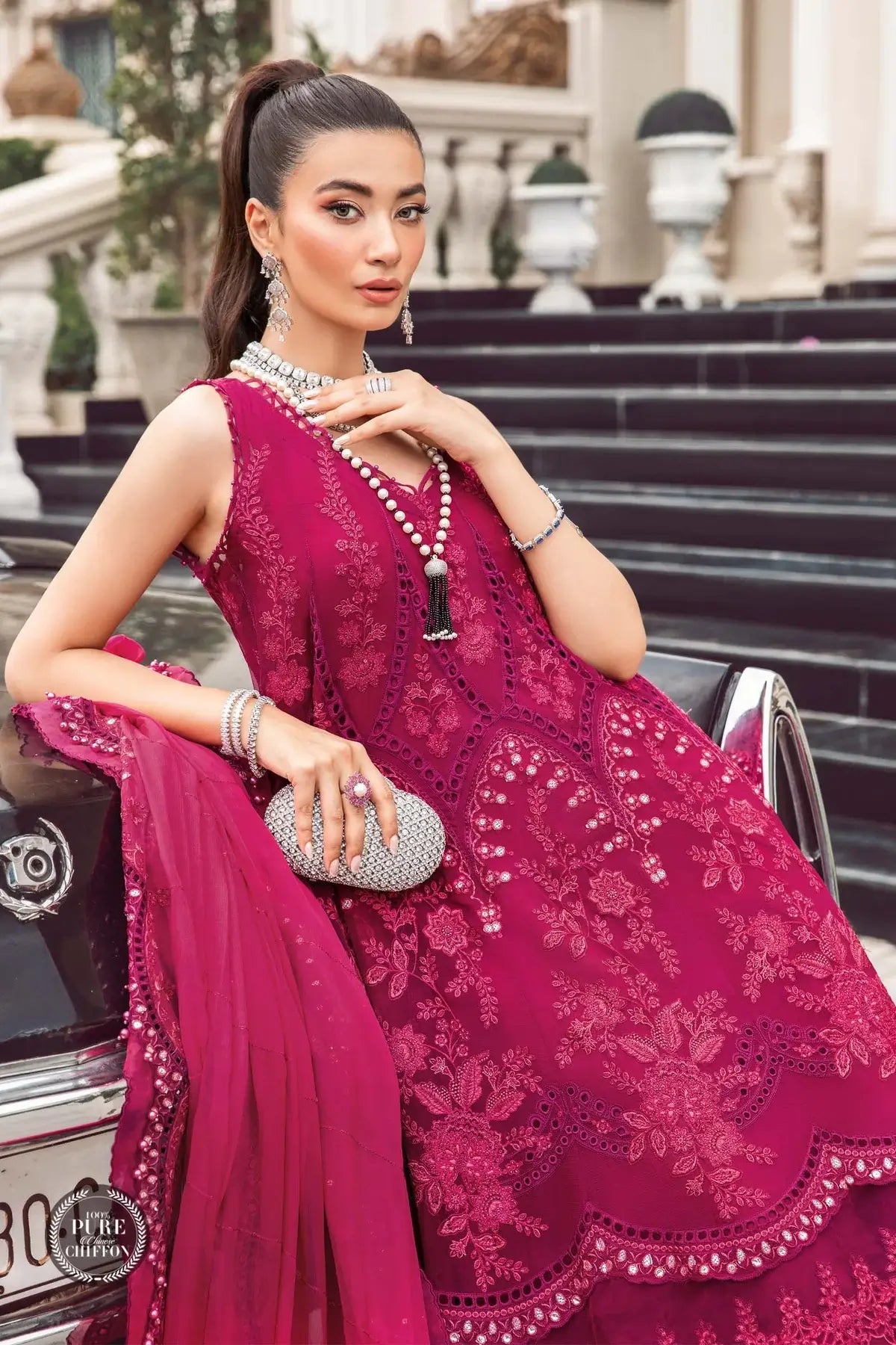 Maria B | Luxury Chiffon Collection | Magenta Pink - House Of Hania