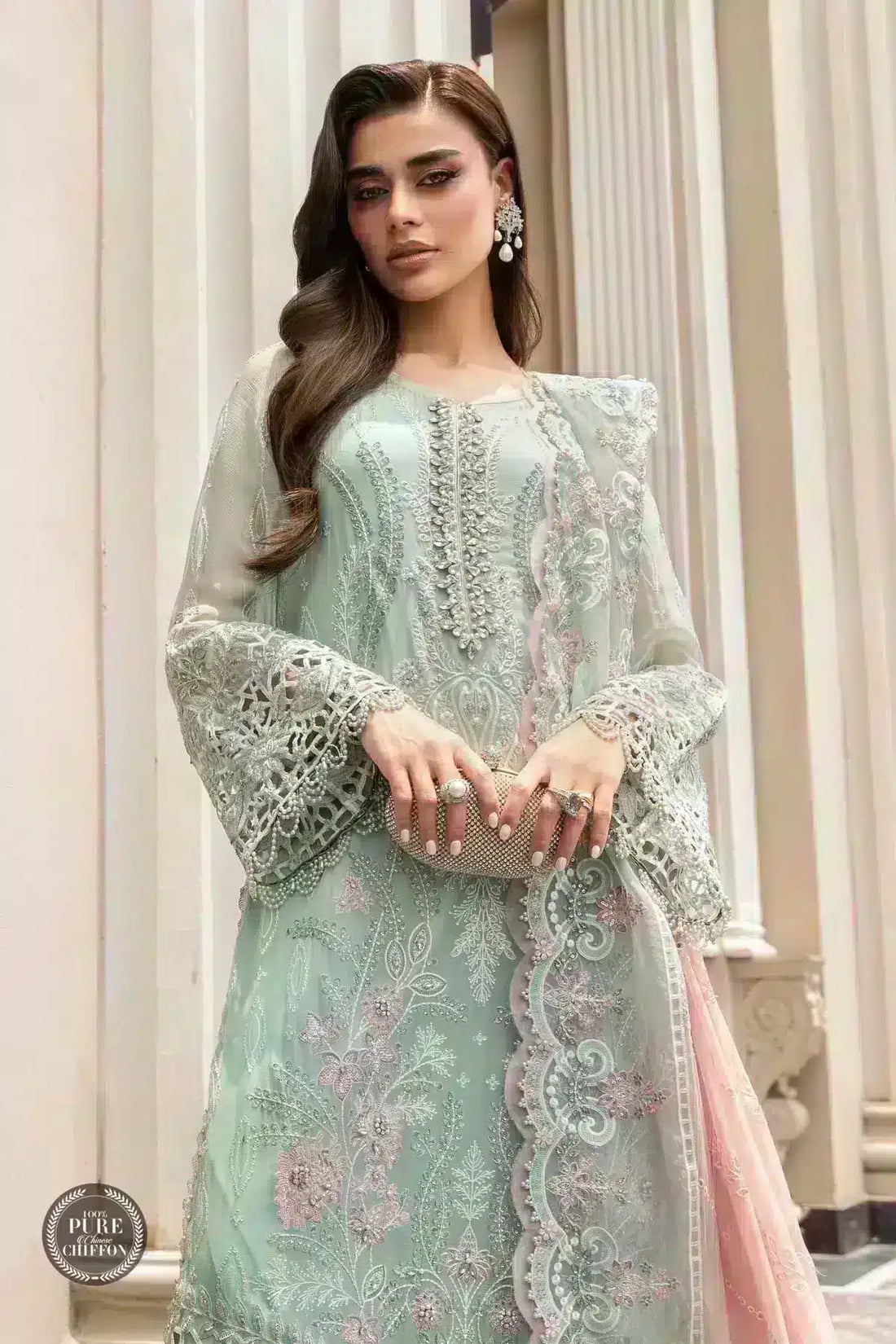 Maria B | Luxury Chiffon Collection | Mint Green - House Of Hania