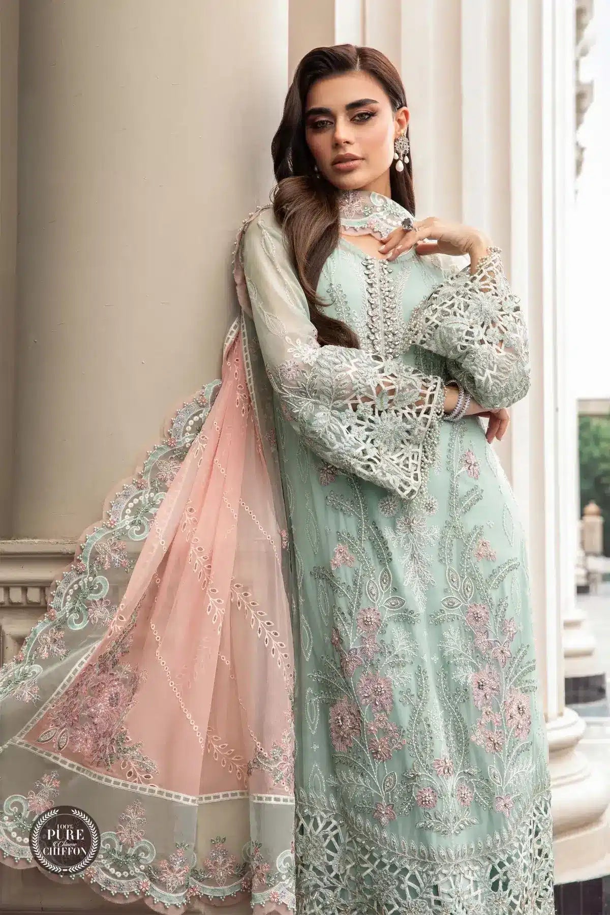 Maria B | Luxury Chiffon Collection | Mint Green - House Of Hania