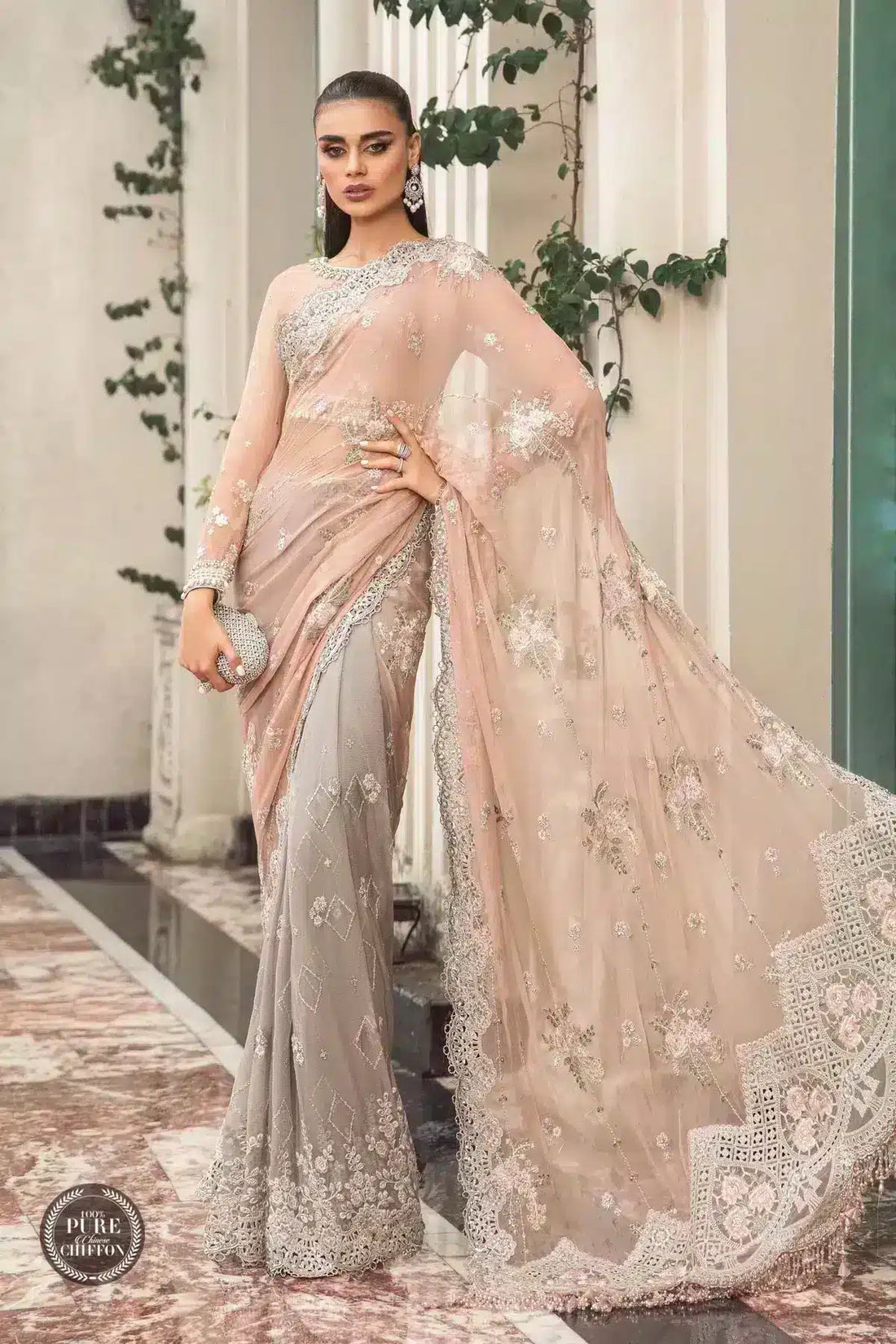 Maria B | Luxury Chiffon Collection | Peach And Black - House Of Hania
