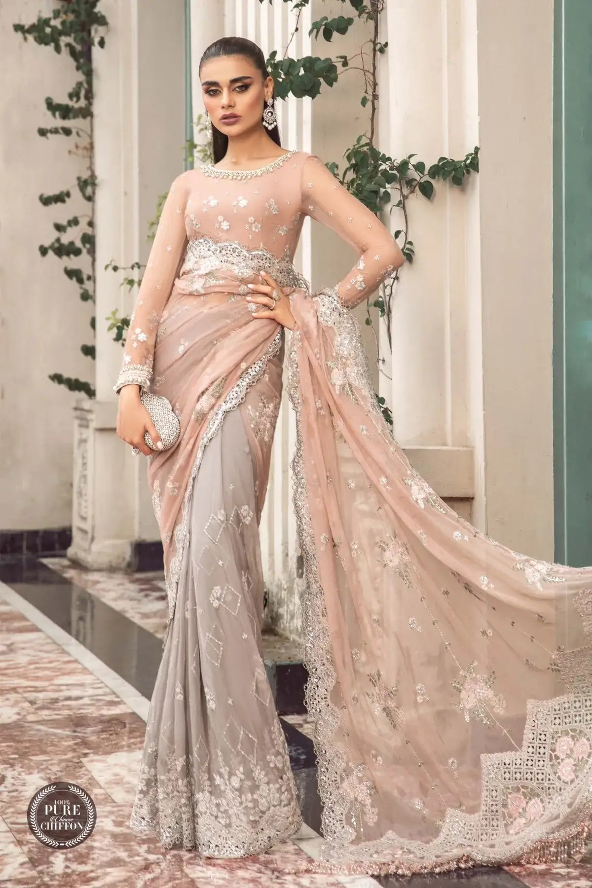 Maria B | Luxury Chiffon Collection | Peach And Black - House Of Hania