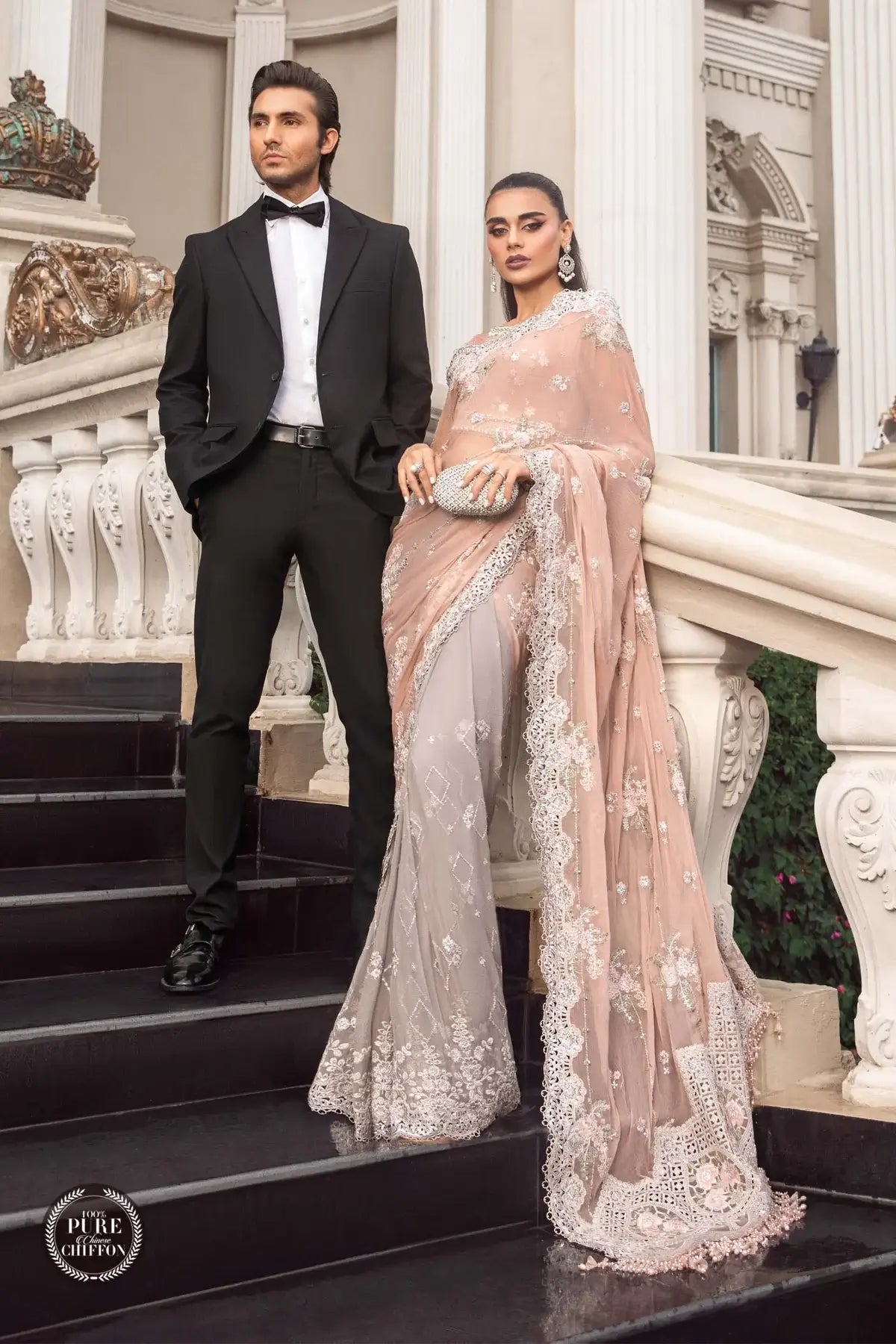 Maria B | Luxury Chiffon Collection | Peach And Black - House Of Hania