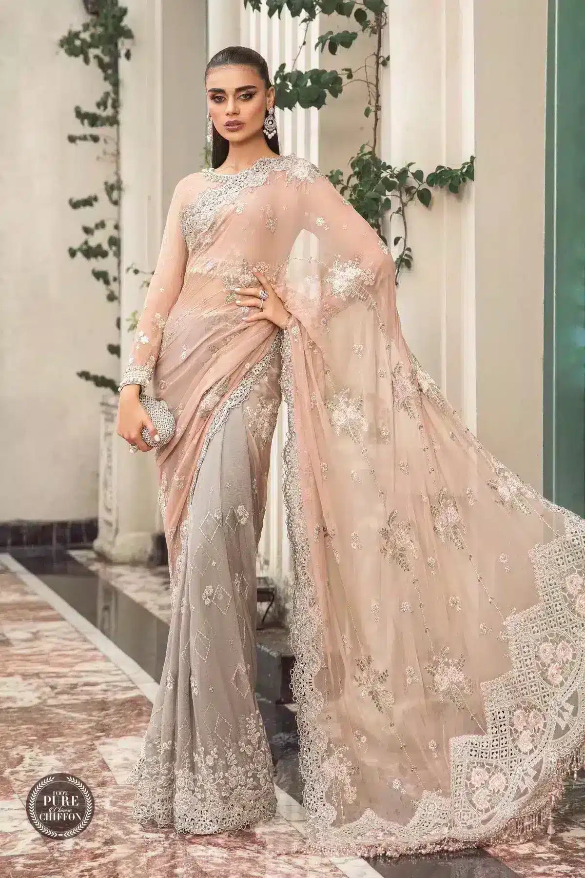 Maria B | Luxury Chiffon Collection | Peach And Grey - House Of Hania