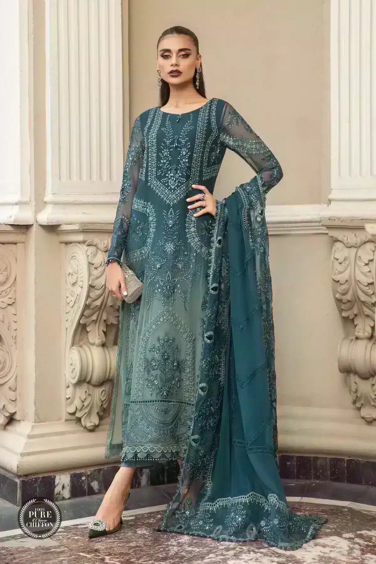 Maria B | Luxury Chiffon Collection | Teal Blue - House Of Hania