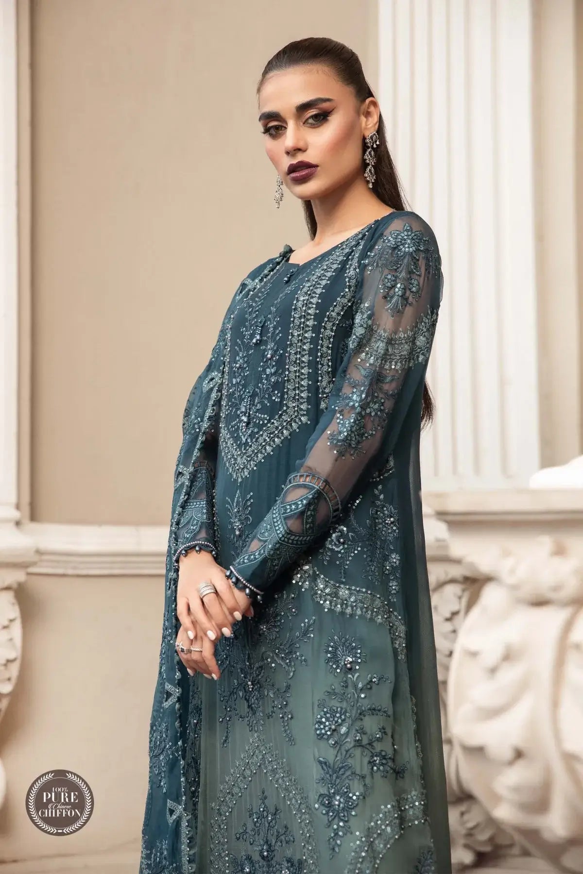 Maria B | Luxury Chiffon Collection | Teal Blue - House Of Hania