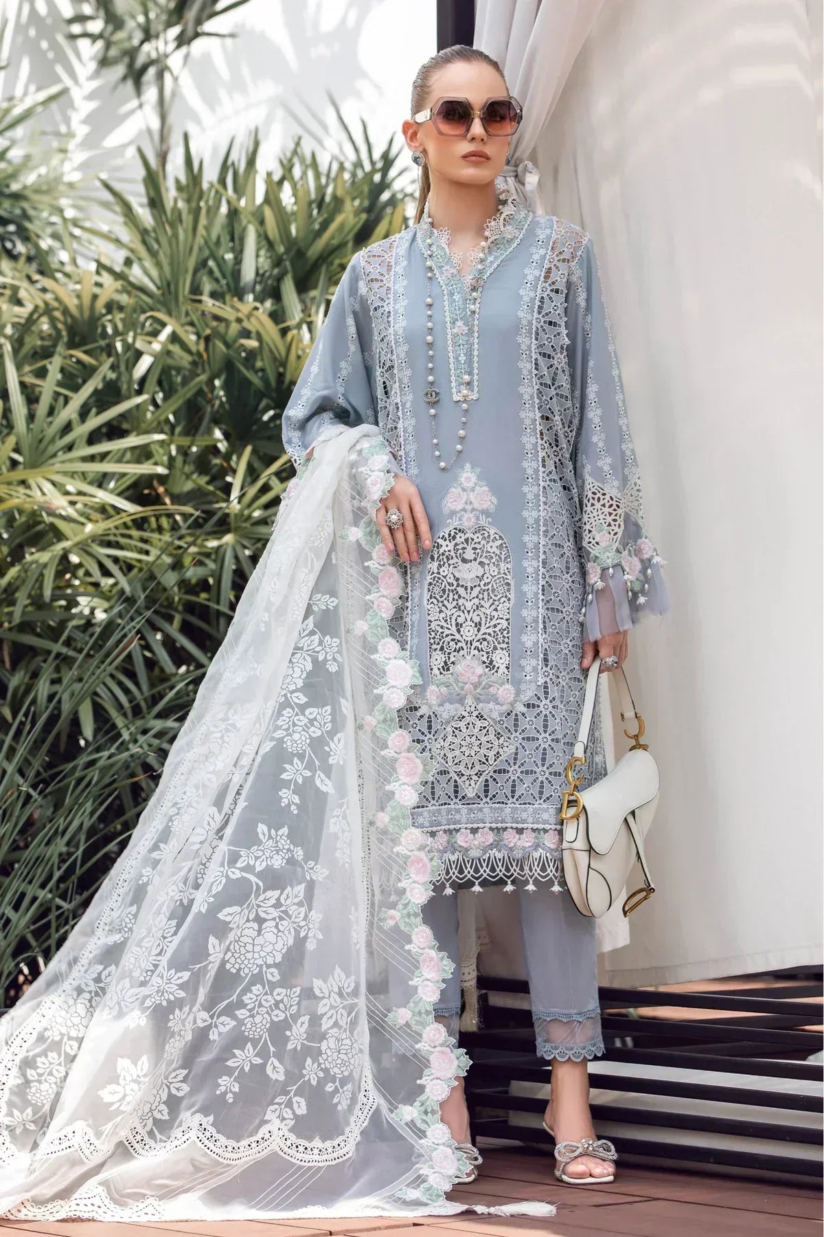 Maria B | Luxury Lawn | EL-23-10-Ice Blue - House Of Hania