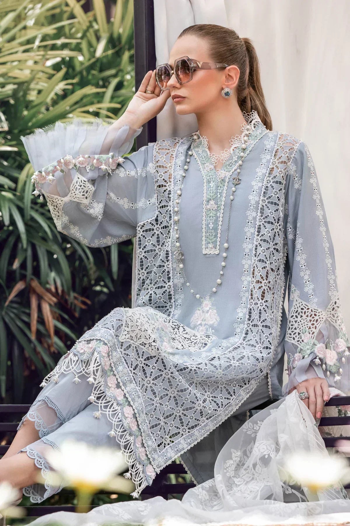 Maria B | Luxury Lawn | EL-23-10-Ice Blue - House Of Hania