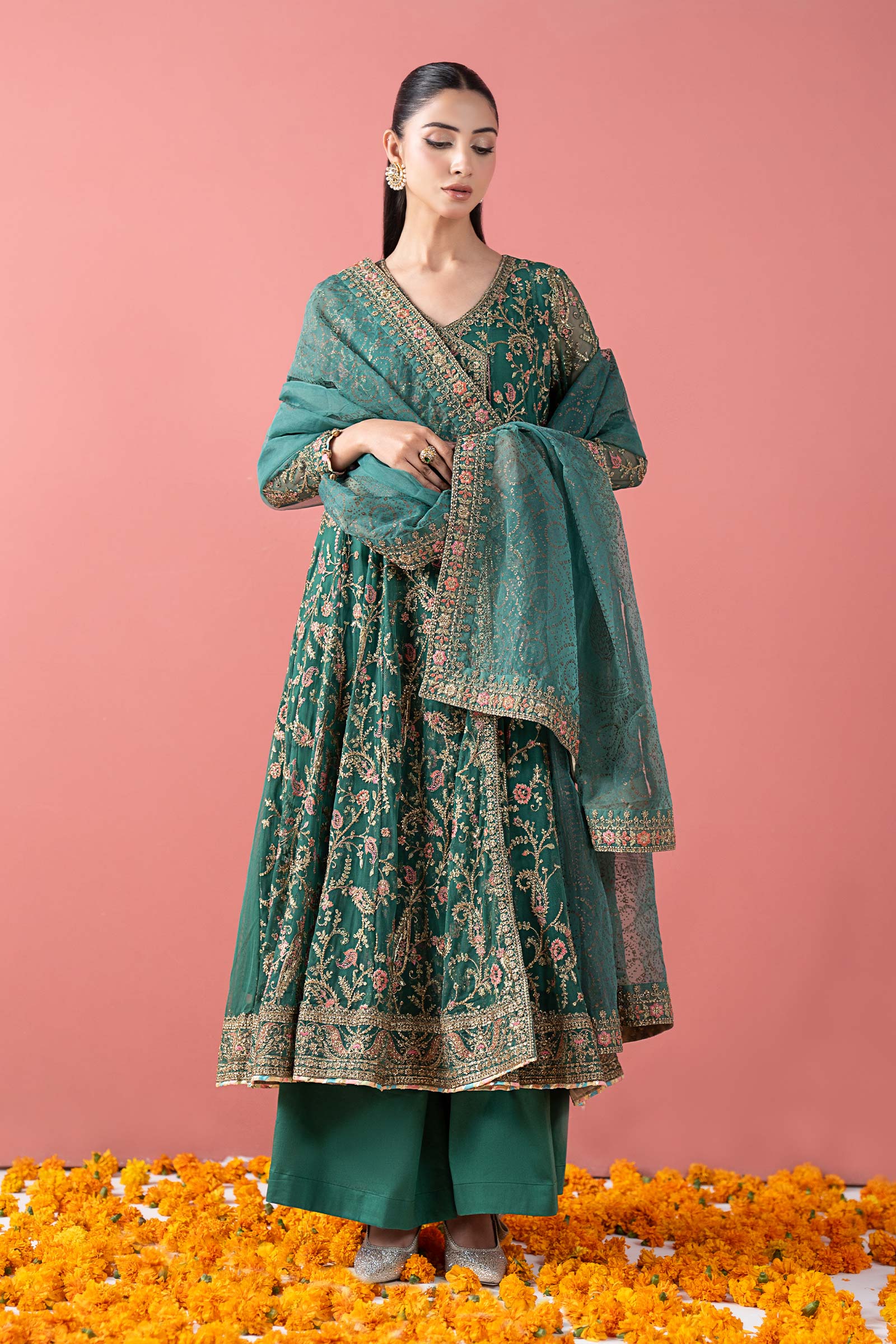 Maria B Eid Formals 2026 | Green Digital Printed Organza Angrakha Suit (3-Piece) - House Of Hania