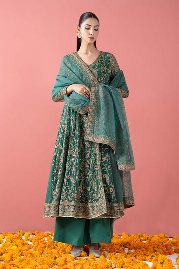 Maria B Eid Formals 2026 | Green Digital Printed Organza Angrakha Suit (3-Piece) - House Of Hania