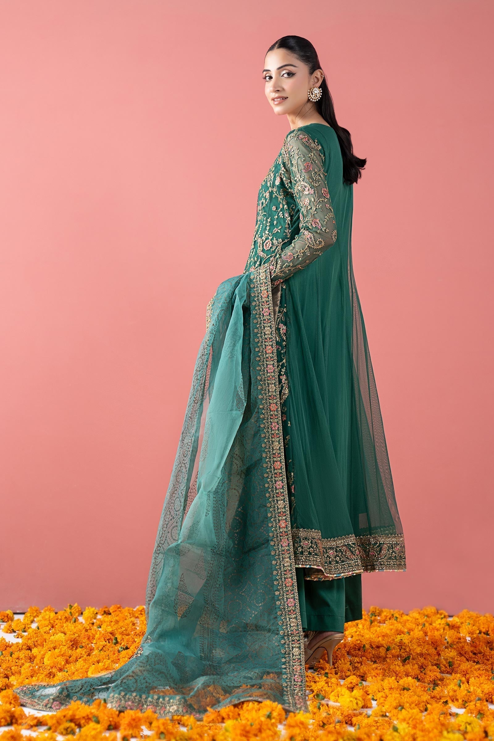 Maria B Eid Formals 2026 | Green Digital Printed Organza Angrakha Suit (3-Piece) - House Of Hania