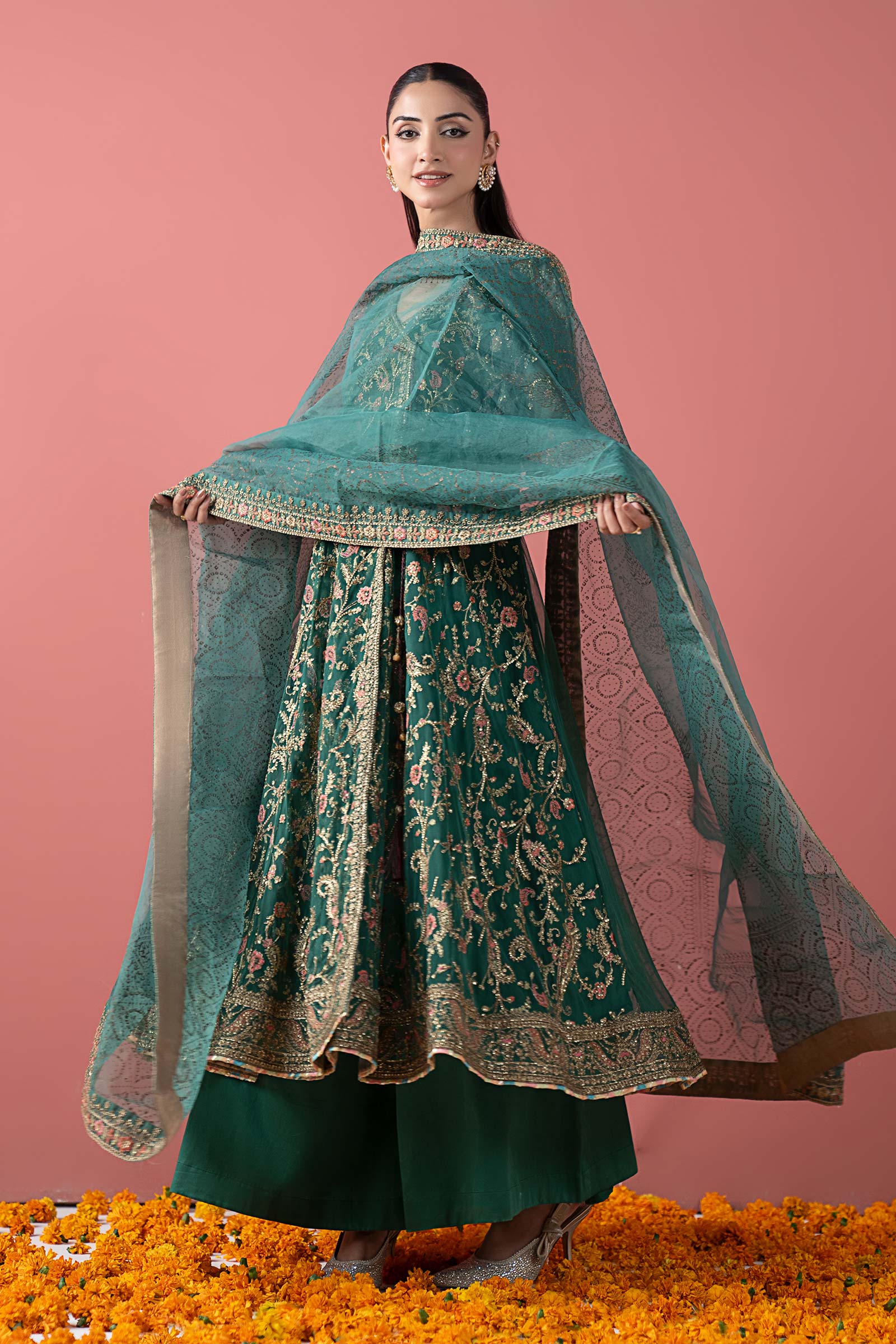 Maria B Eid Formals 2026 | Green Digital Printed Organza Angrakha Suit (3-Piece) - House Of Hania
