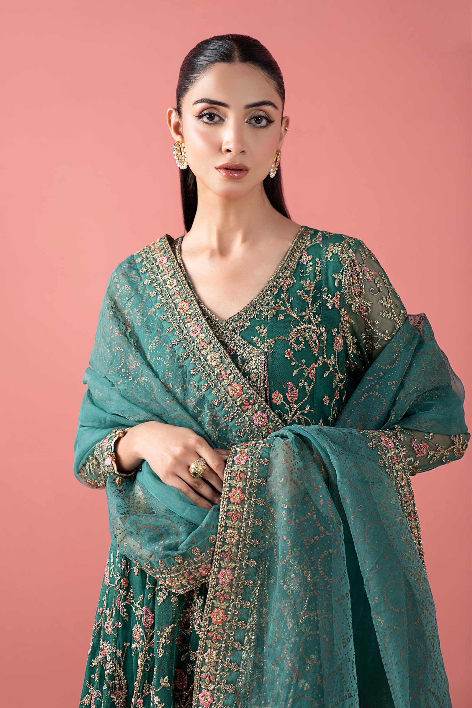 Maria B Eid Formals 2026 | Green Digital Printed Organza Angrakha Suit (3-Piece) - House Of Hania