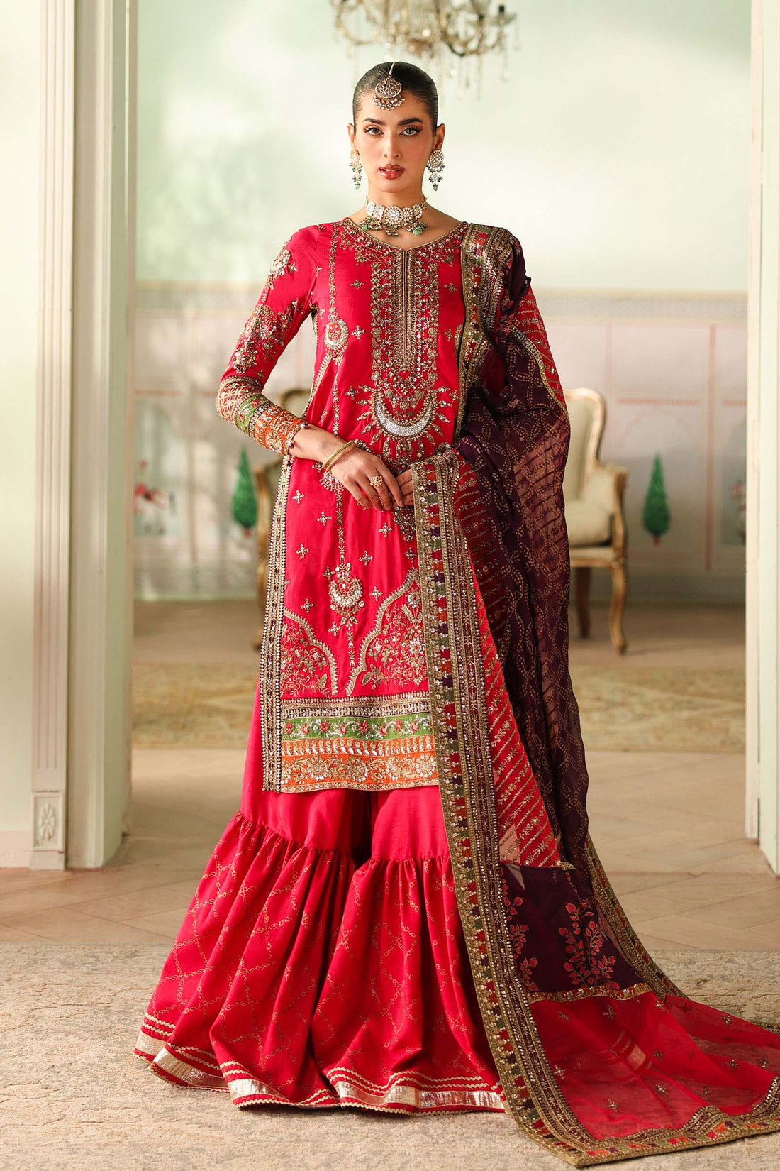 Maria B | Pre Fall Dresses | 3 Piece Embroidered Bamber Raw Silk Suit Carrot Pink - House Of Hania