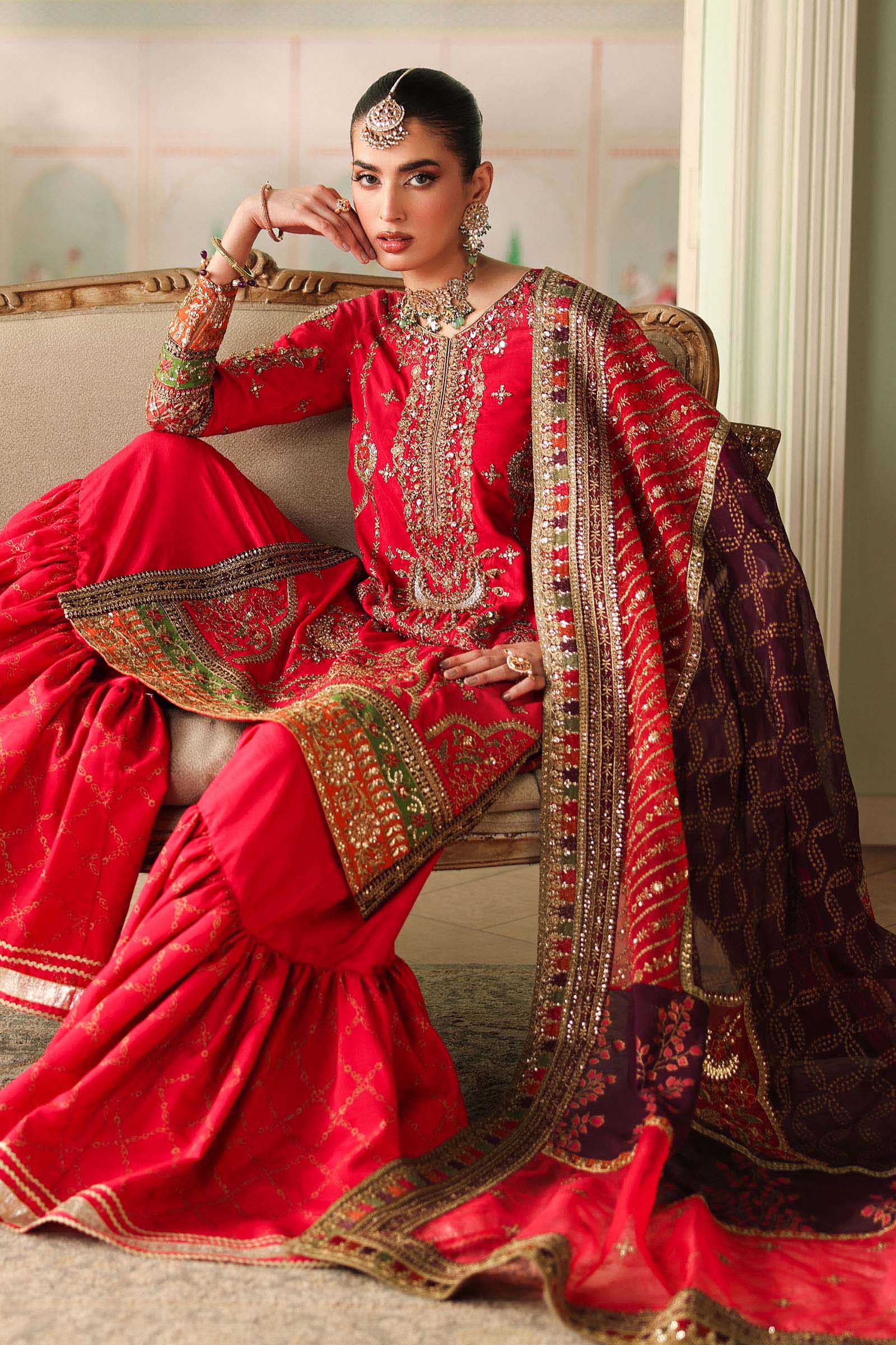 Maria B | Pre Fall Dresses | 3 Piece Embroidered Bamber Raw Silk Suit Carrot Pink - House Of Hania