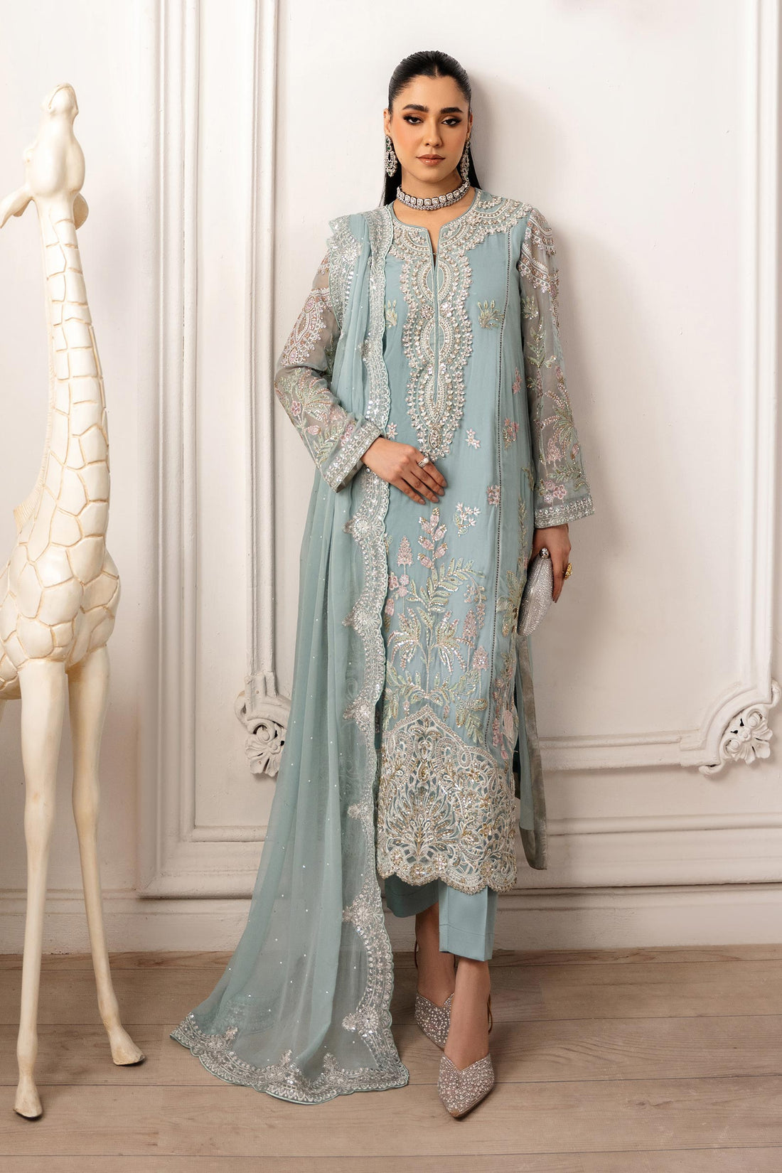 Maria B | Pre Fall Dresses | 3 Piece Embroidered Chiffon Suit  Aqua Blue - House Of Hania