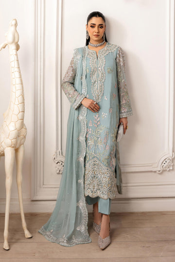 Maria B | Pre Fall Dresses | 3 Piece Embroidered Chiffon Suit  Aqua Blue - House Of Hania
