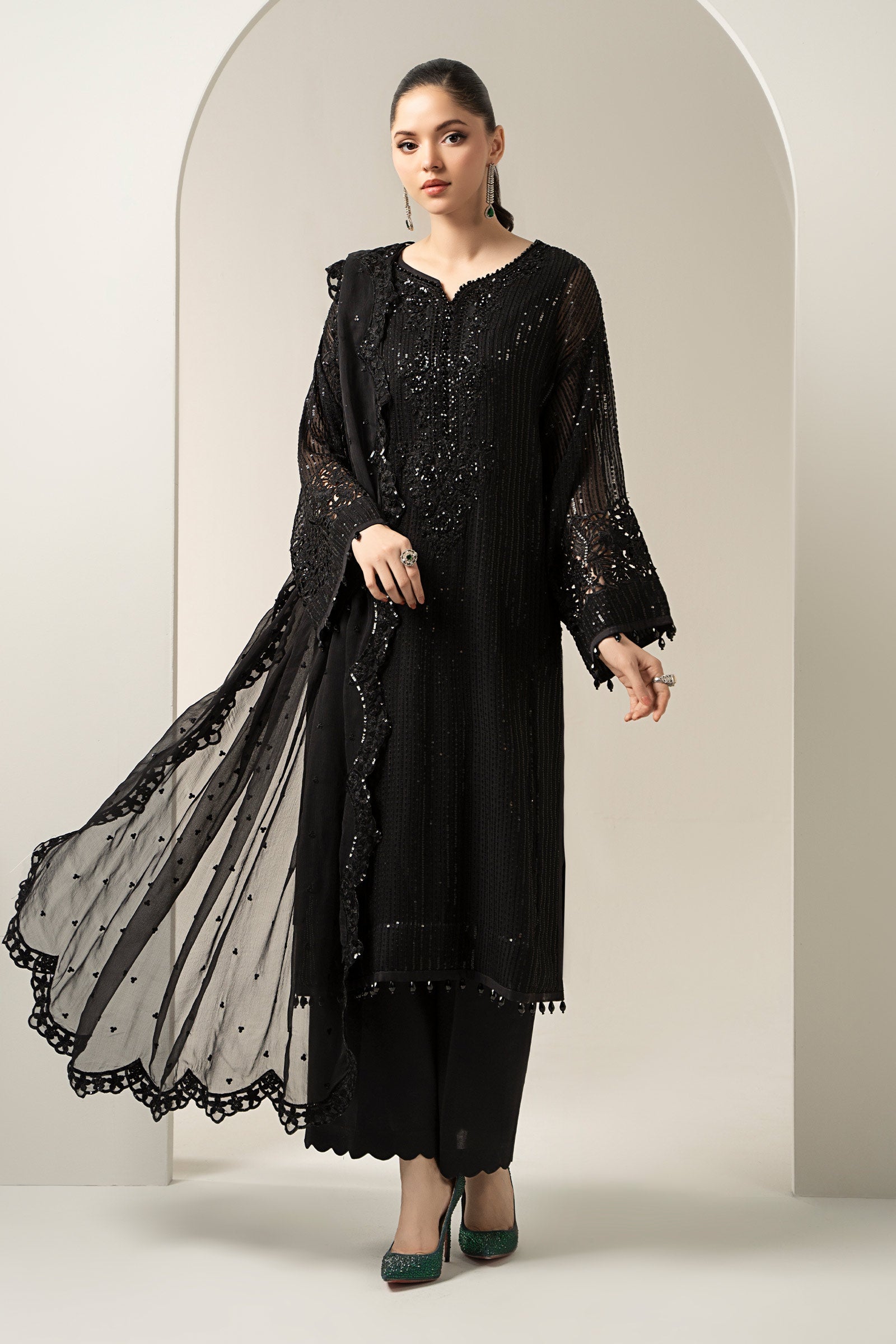 Maria B | Pre Fall Dresses | 3 Piece Embroidered Chiffon Suit Black - House Of Hania
