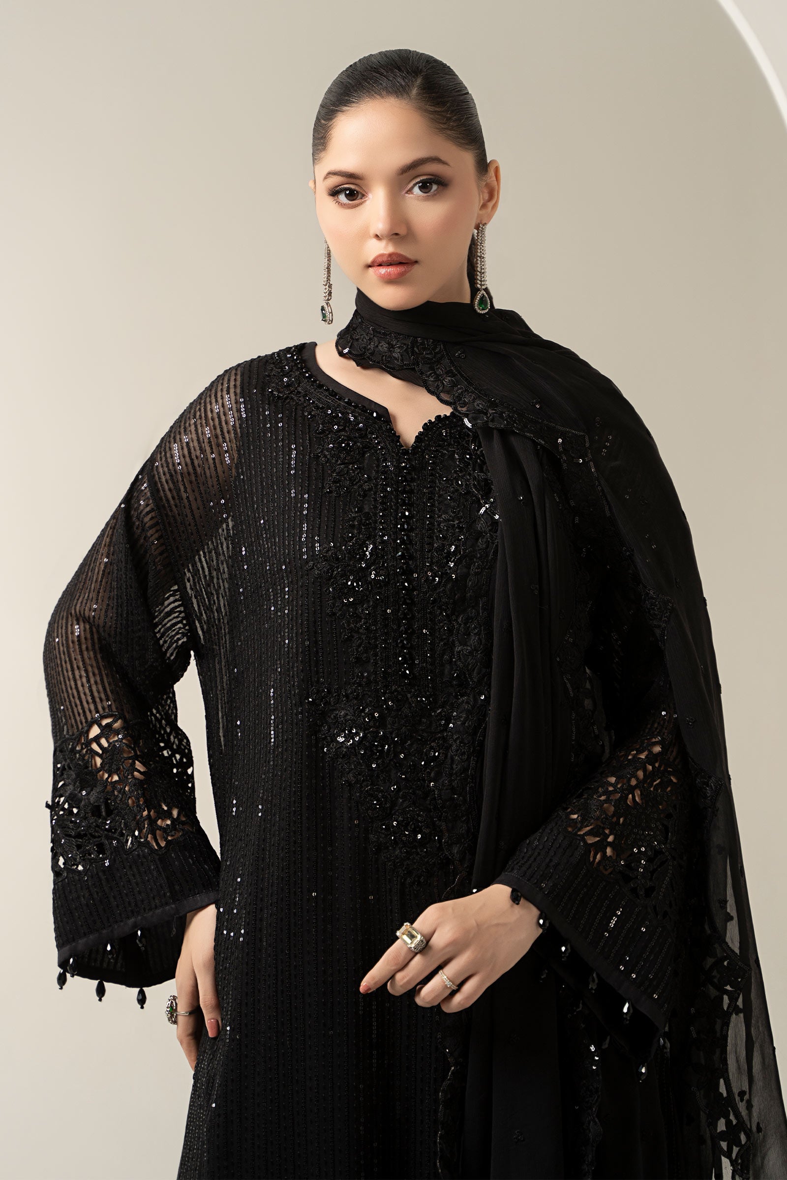 Maria B | Pre Fall Dresses | 3 Piece Embroidered Chiffon Suit Black - House Of Hania